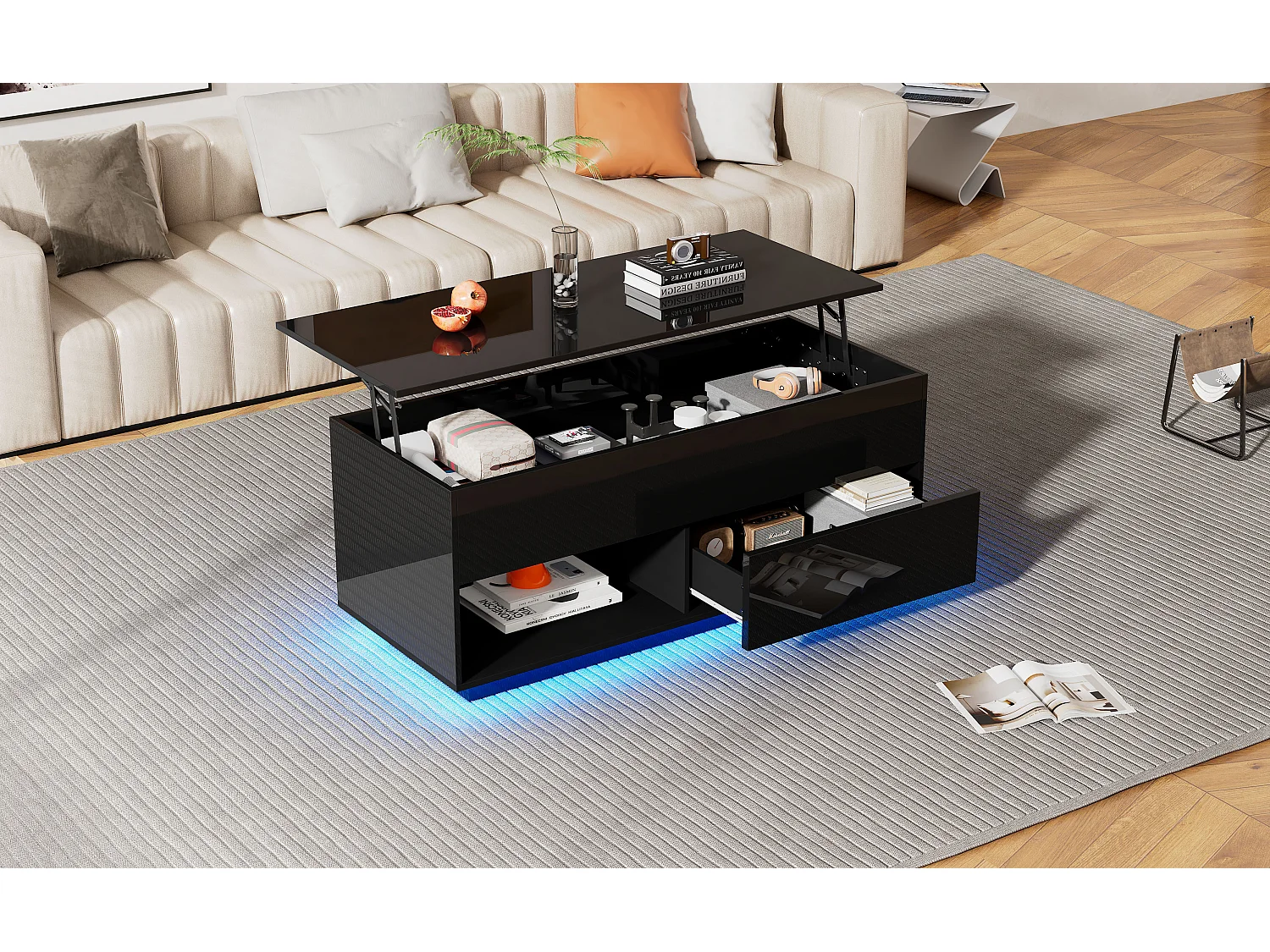 Table basse relevable laquée brillante avec LED et tiroir - Noir