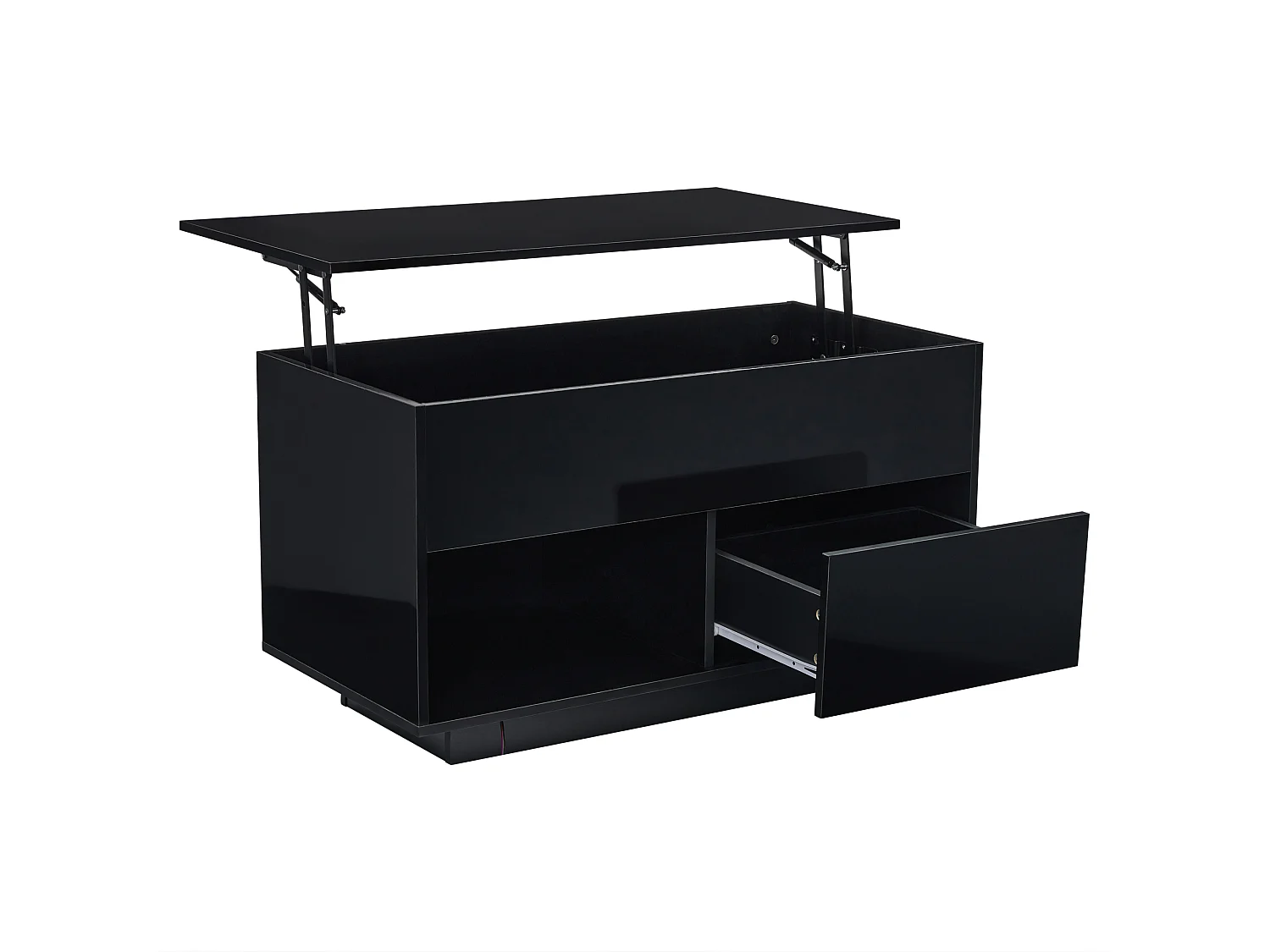 Table basse relevable laquée brillante avec LED et tiroir - Noir