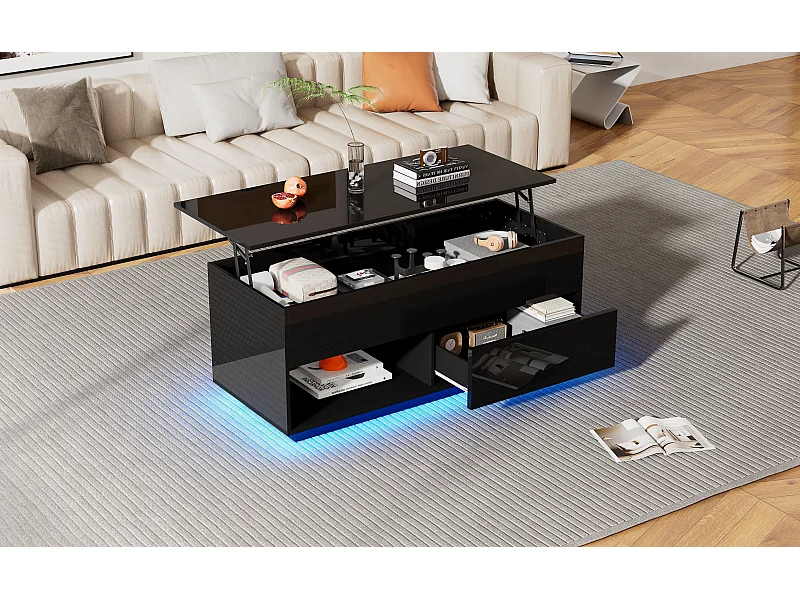 Table basse relevable laquée brillante avec LED et tiroir - Noir