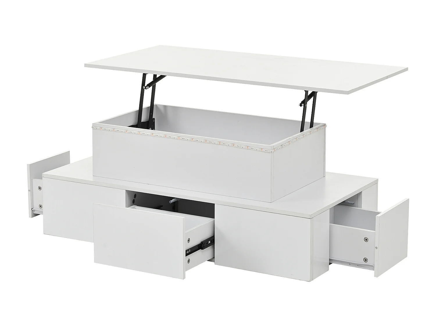 Table basse relevable avec 4 tiroirs, LED - Finition brillante blanc - Bois MDF