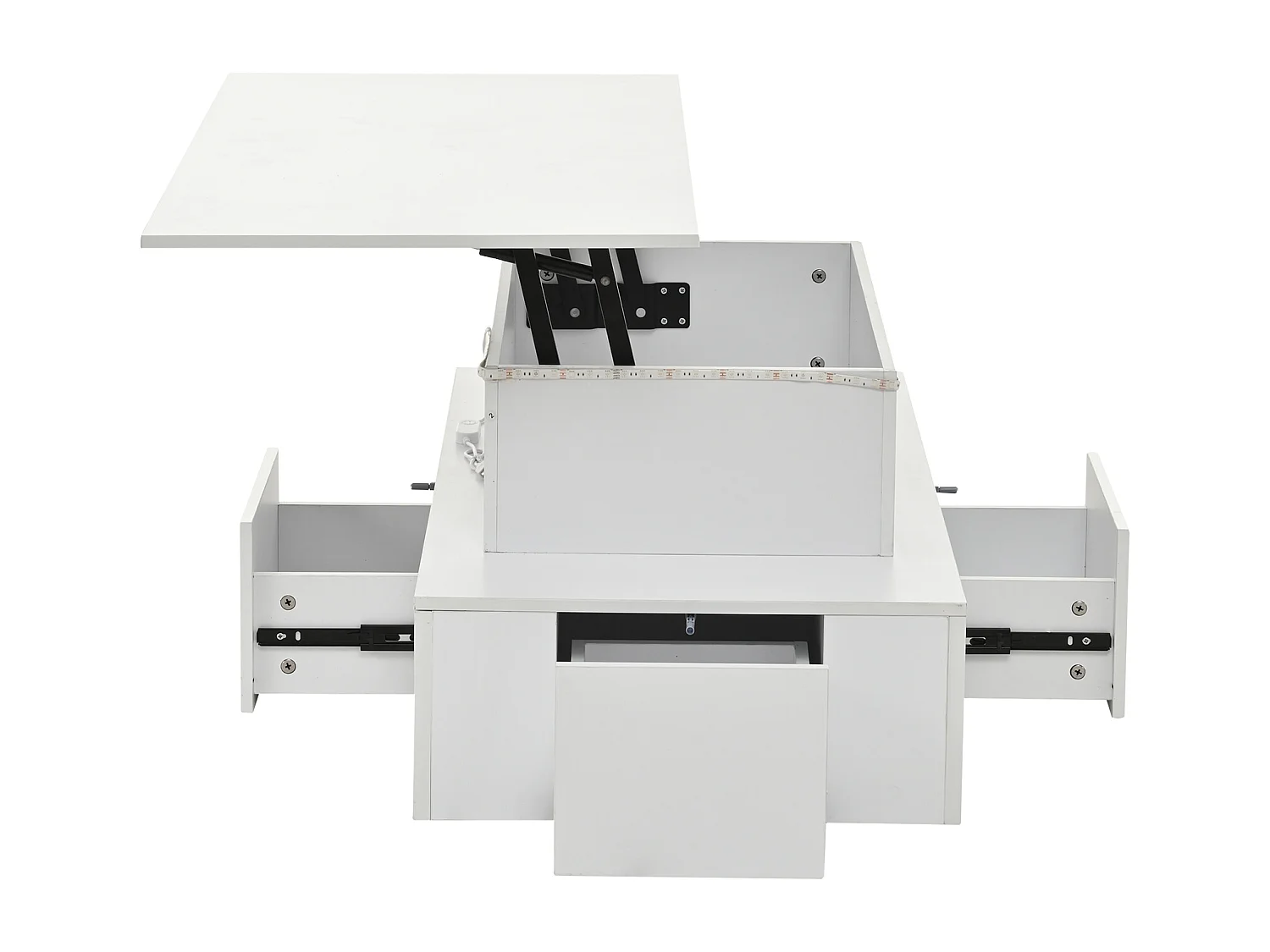 Table basse relevable avec 4 tiroirs, LED - Finition brillante blanc - Bois MDF