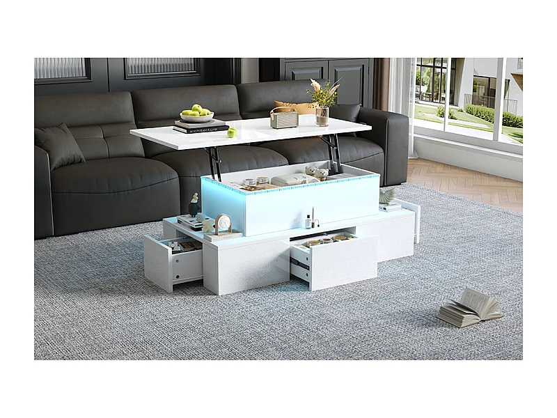 Table basse relevable avec 4 tiroirs, LED - Finition brillante blanc - Bois MDF