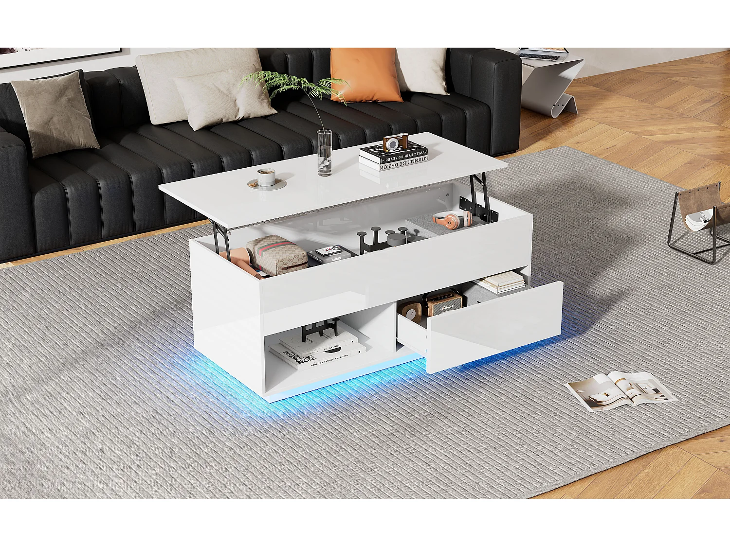 Table basse relevable laquée brillante avec LED et tiroir - Blanc