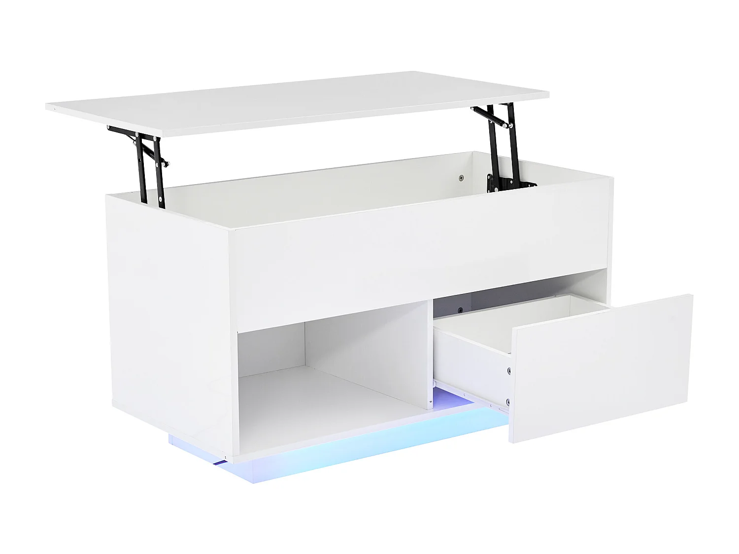 Table basse relevable laquée brillante avec LED et tiroir - Blanc