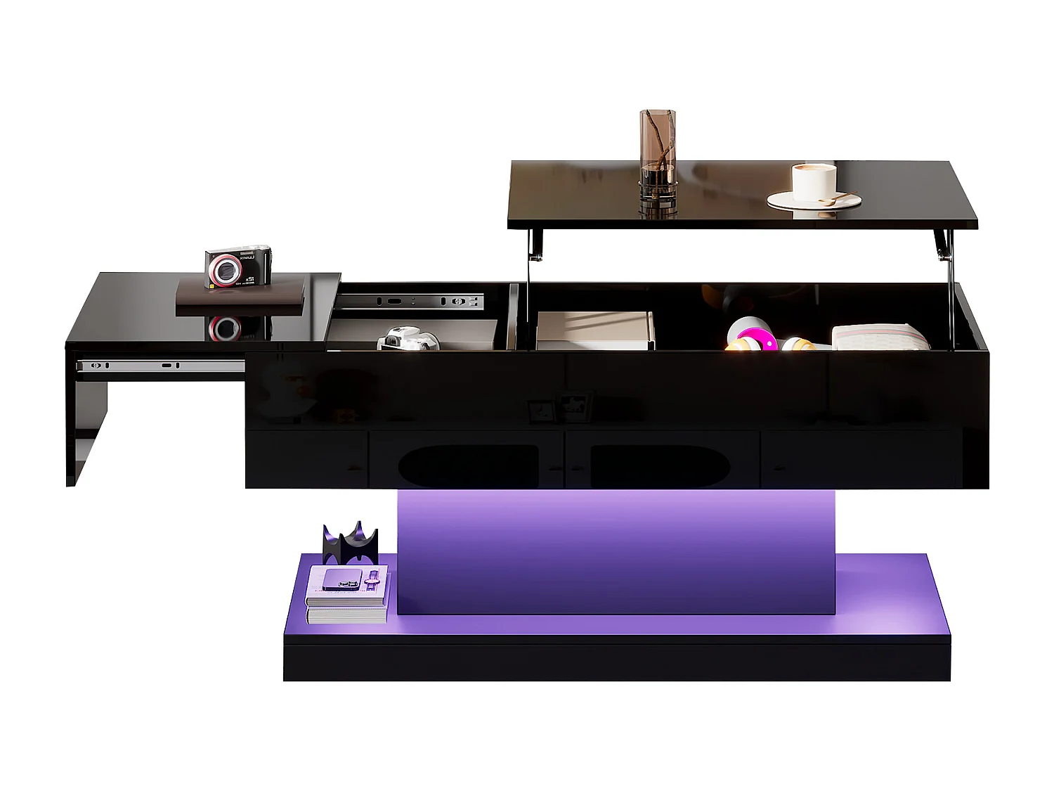 Mesa de centro elevable con acabado brillante, iluminación LED y espacio de almacenamiento - Negro