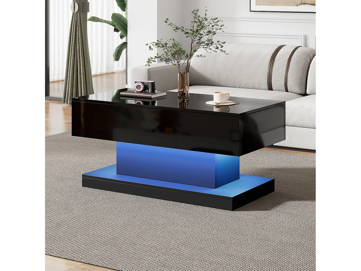 Mesa de centro elevable con acabado brillante, iluminación LED y espacio de almacenamiento - Negro