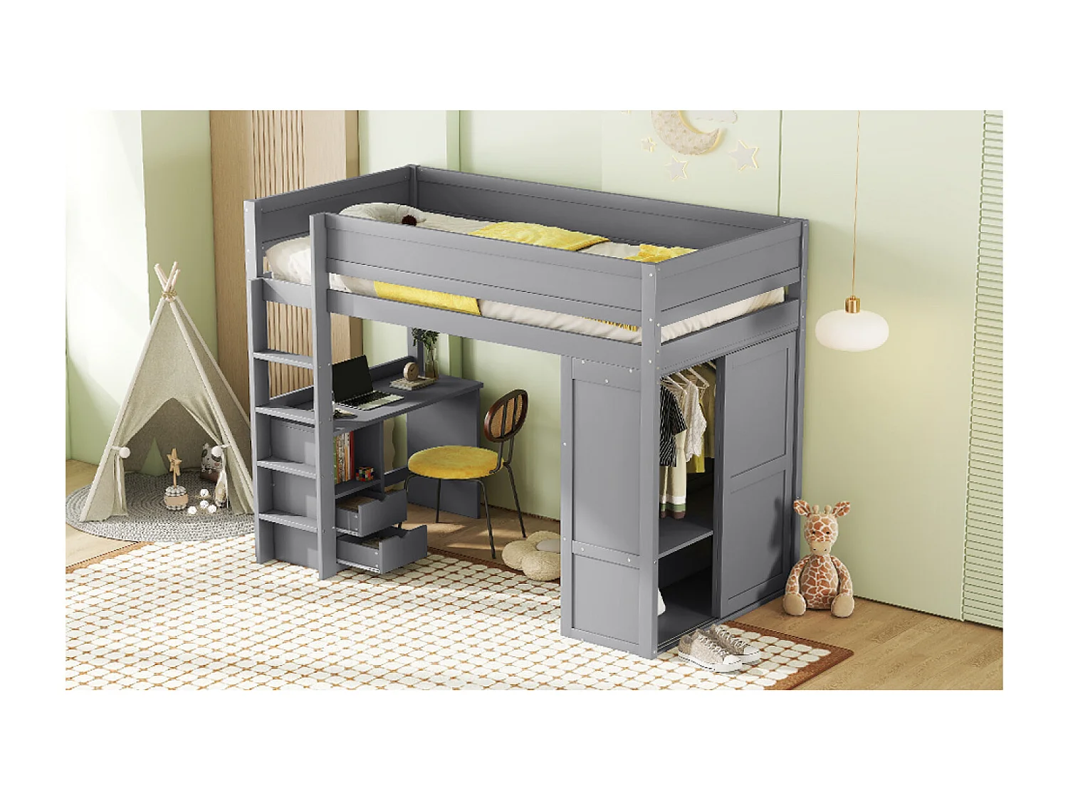 Lit mezzanine enfant 90x200 cm avec armoire, bureau et 2 tiroirs - Sans matelas - Bois gris