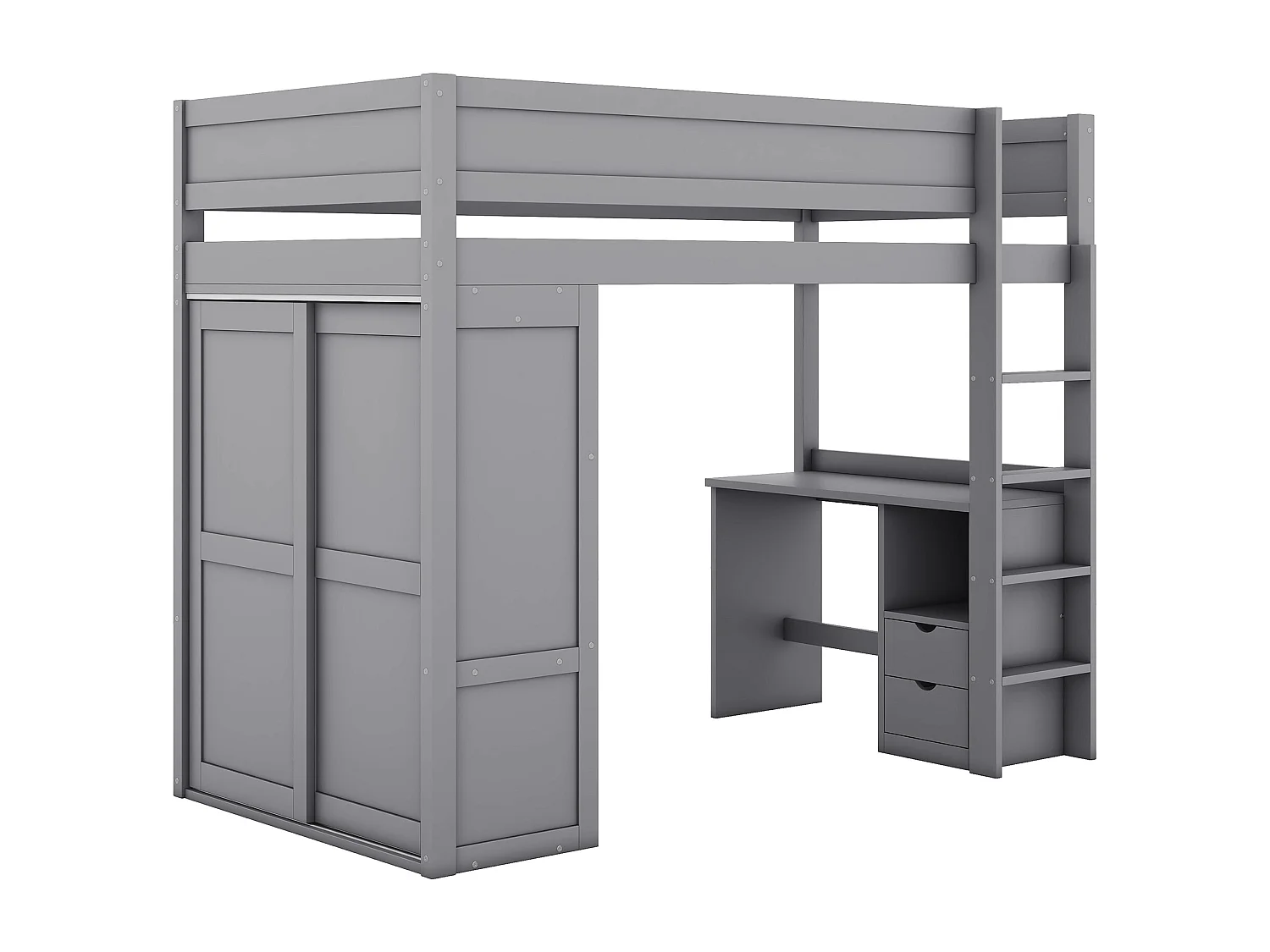Lit mezzanine enfant 90x200 cm avec armoire, bureau et 2 tiroirs - Sans matelas - Bois gris