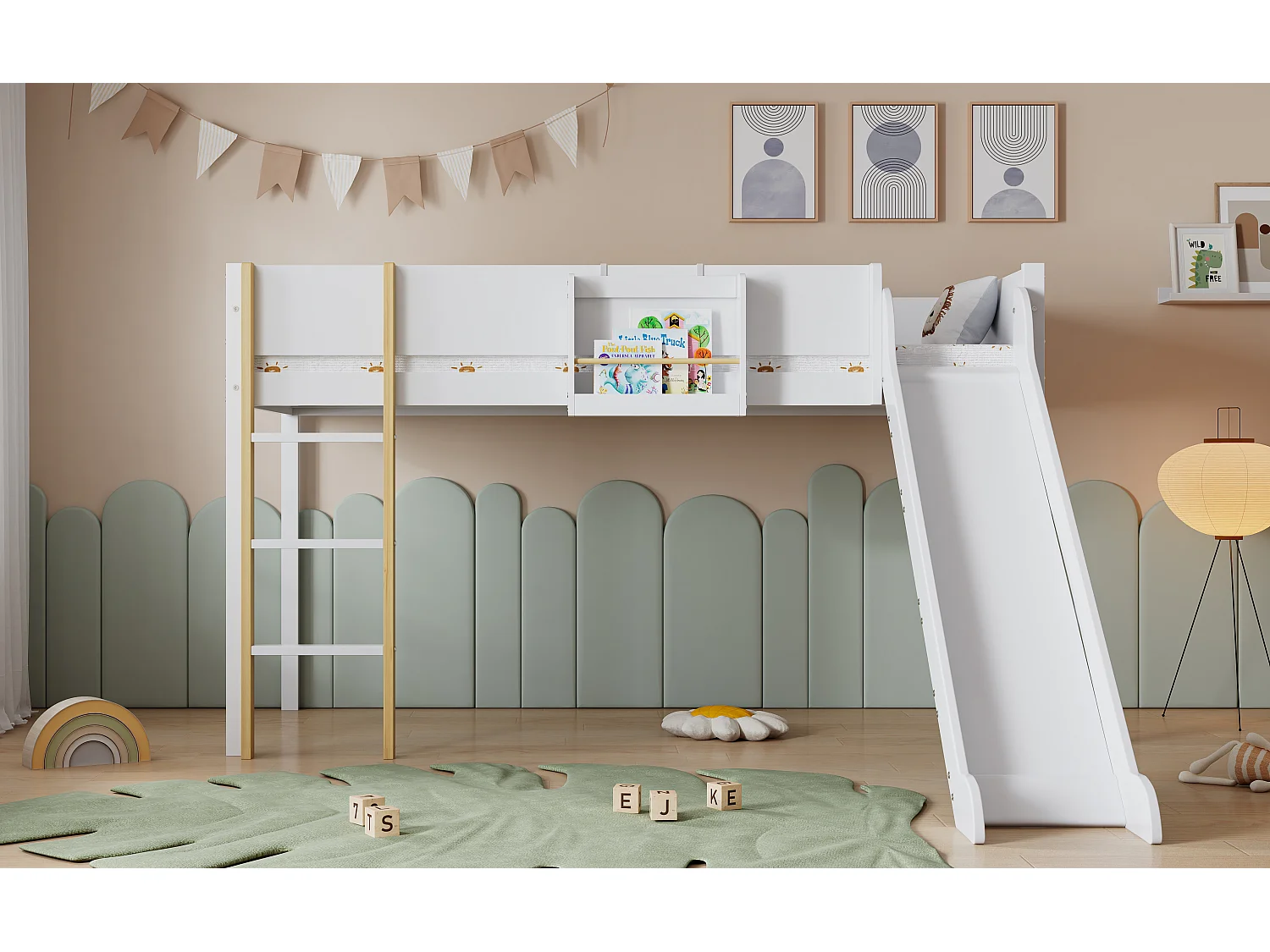 Lit mi- hauteur 90x200cm avec toboggan et étagère amovible - Bois blanc (sans matelas)