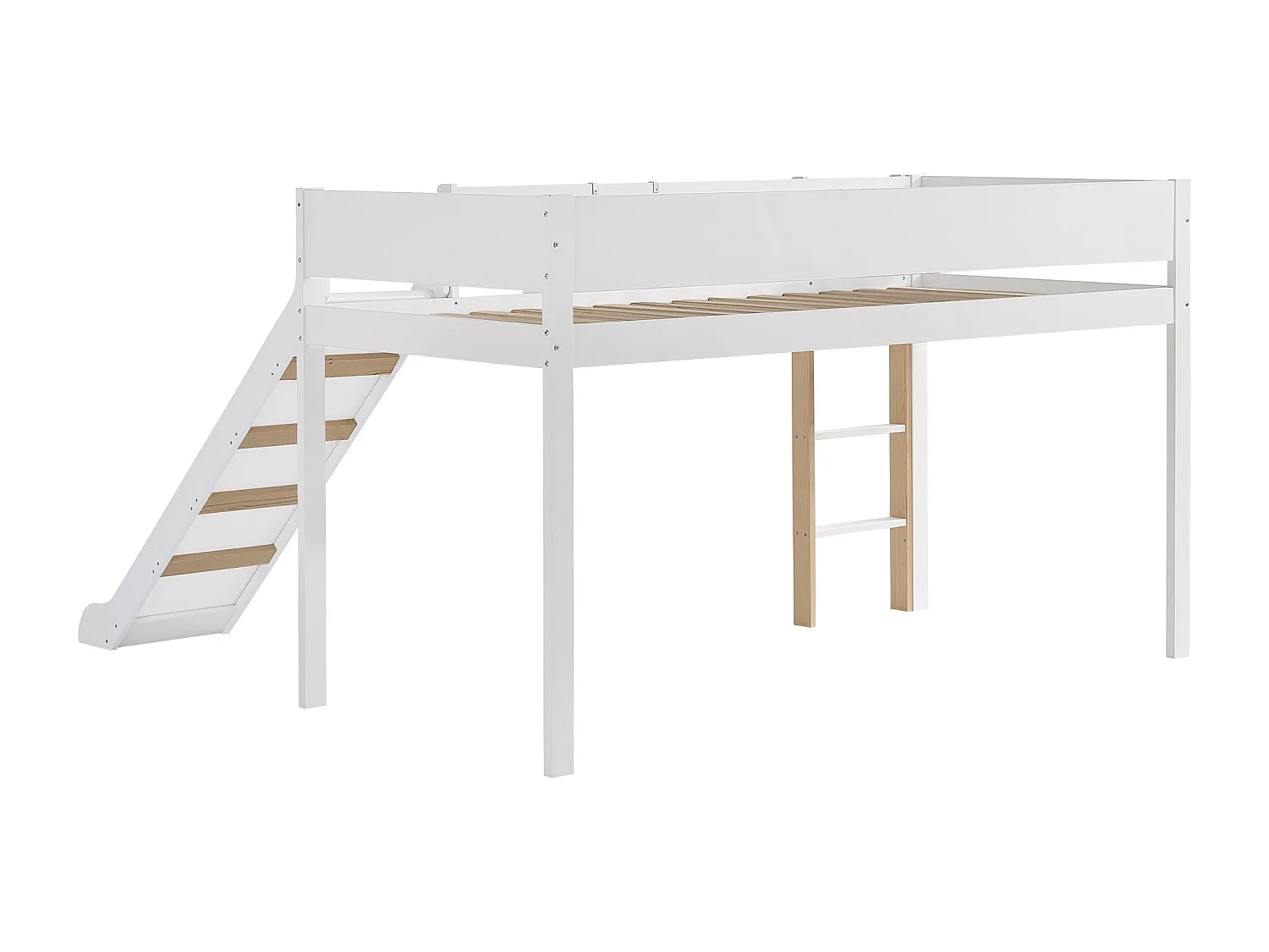 Lit mi- hauteur 90x200cm avec toboggan et étagère amovible - Bois blanc (sans matelas)