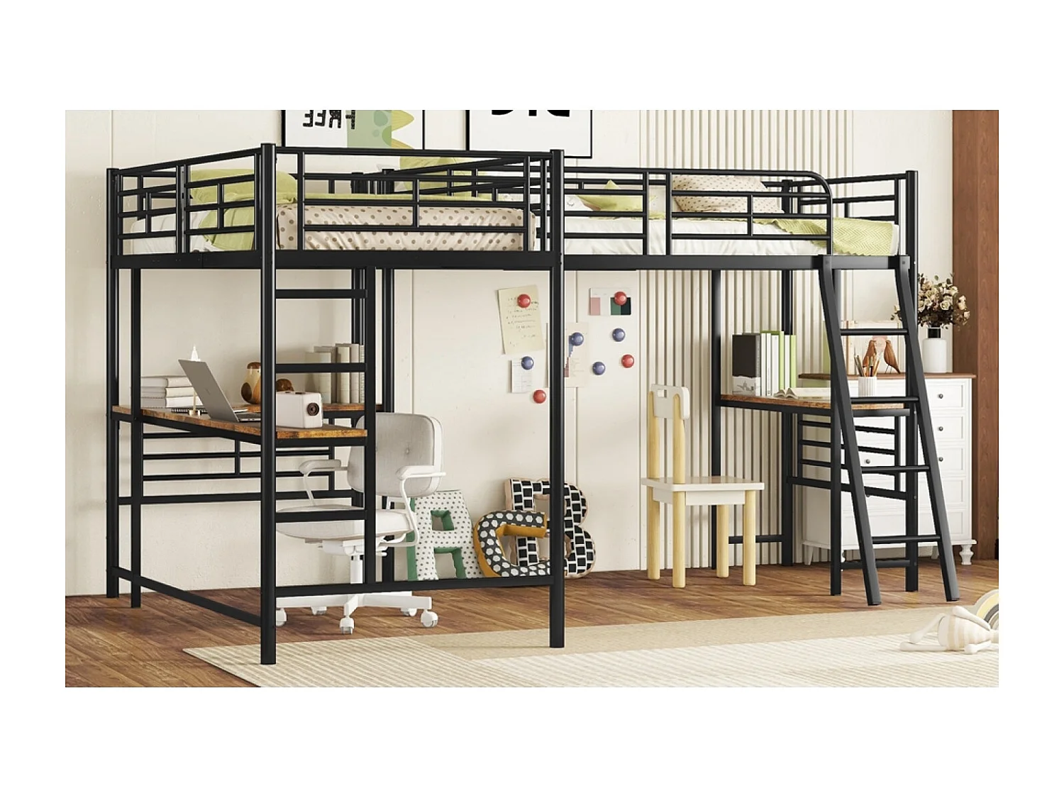 Lit mezzanine enfant en L 2 x 90 x 200 cm avec table et double escalier - Métal et MDF - Noir