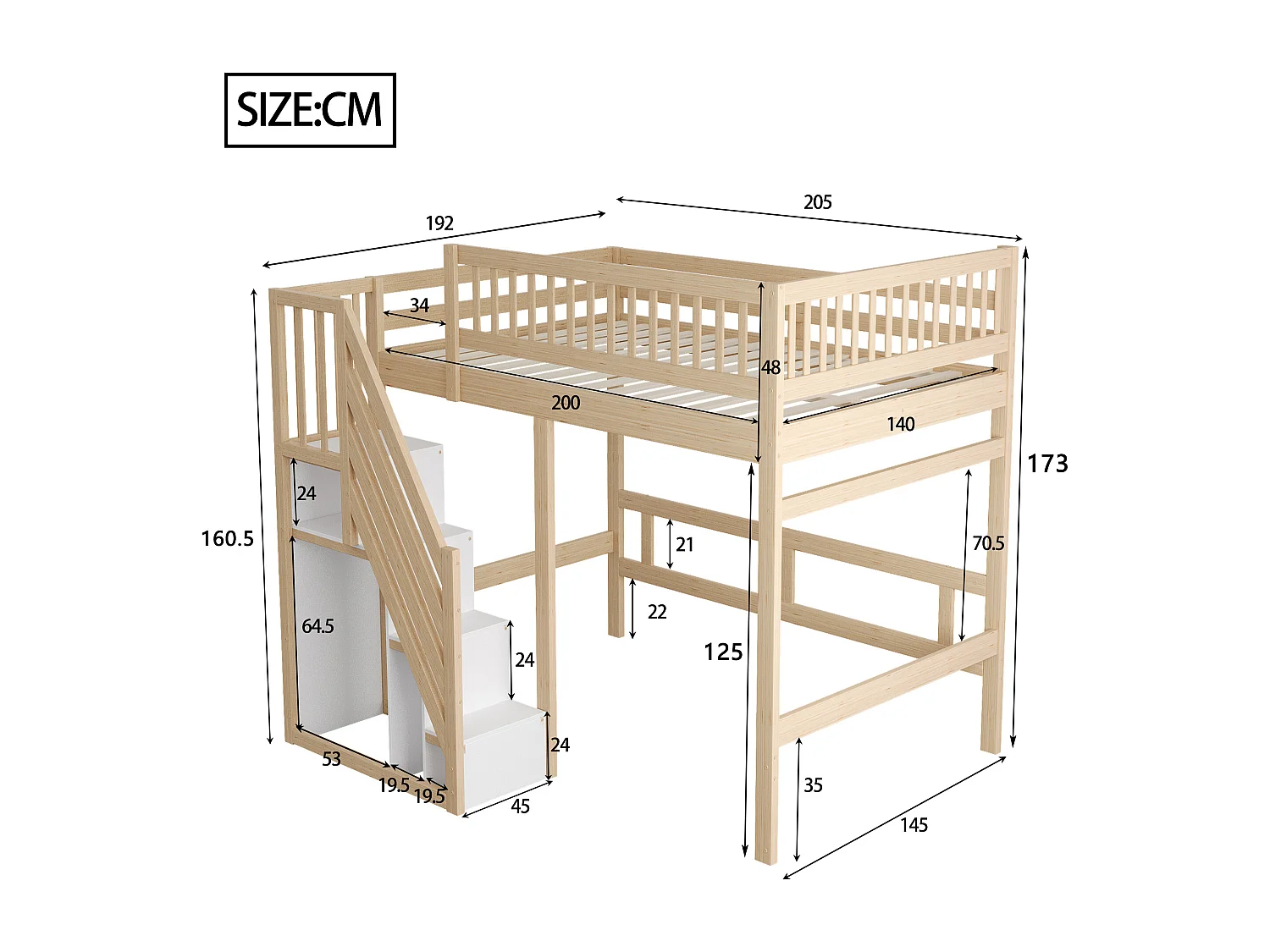 Lit mezzanine enfant 140x200cm avec rangement de escalier - Cadre en bois -Couleur naturel et blanc