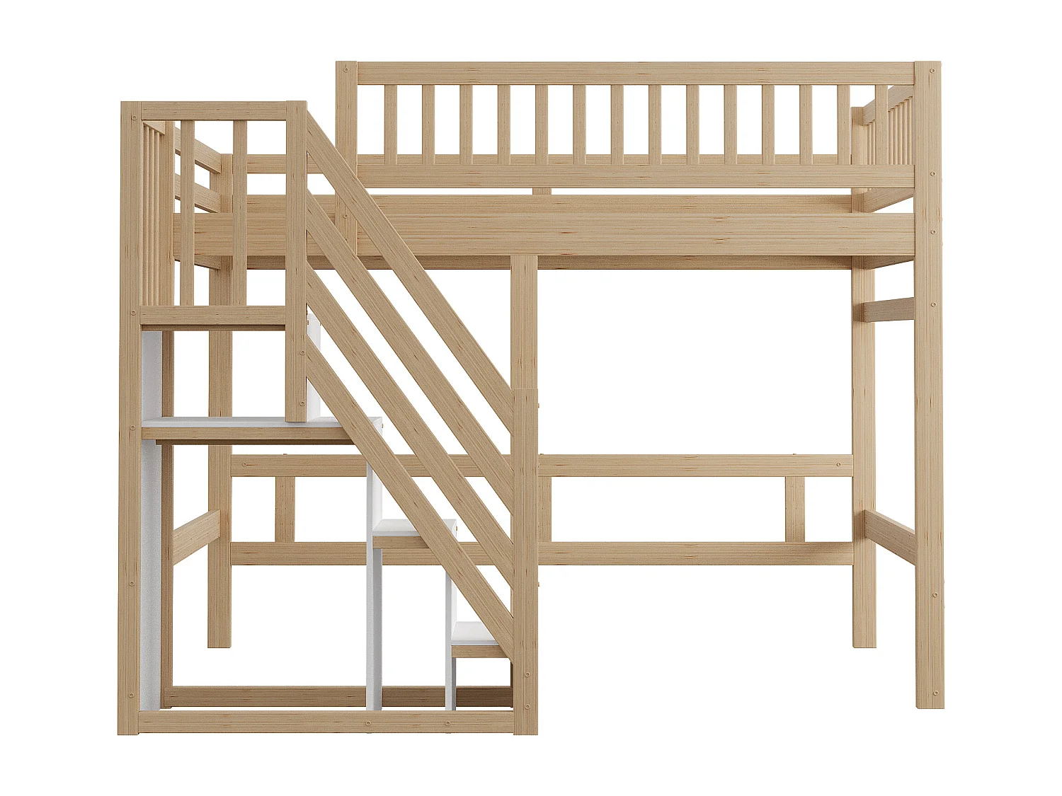 Lit mezzanine enfant 140x200cm avec rangement de escalier - Cadre en bois -Couleur naturel et blanc