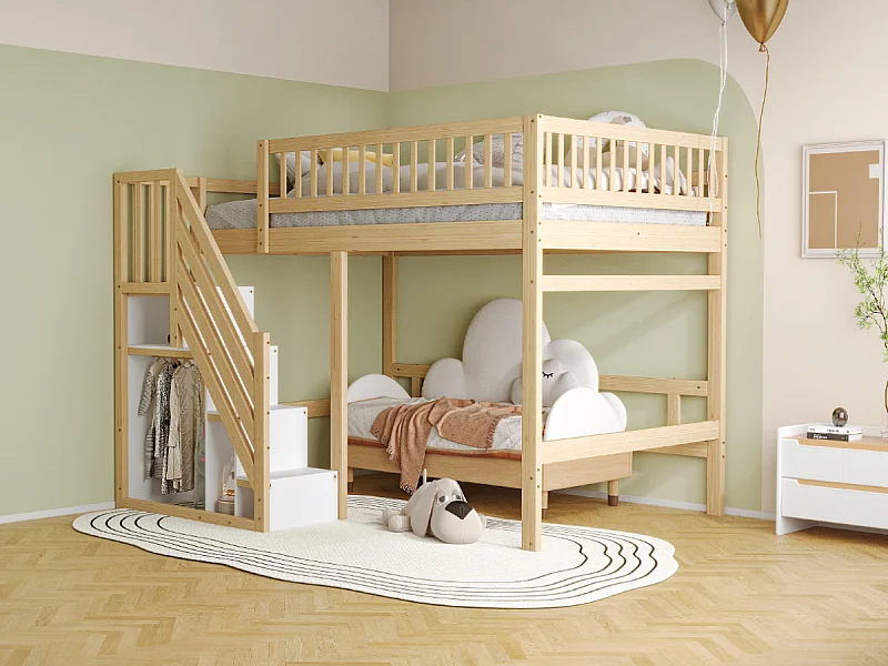 Lit mezzanine enfant 140x200cm avec rangement de escalier - Cadre en bois -Couleur naturel et blanc
