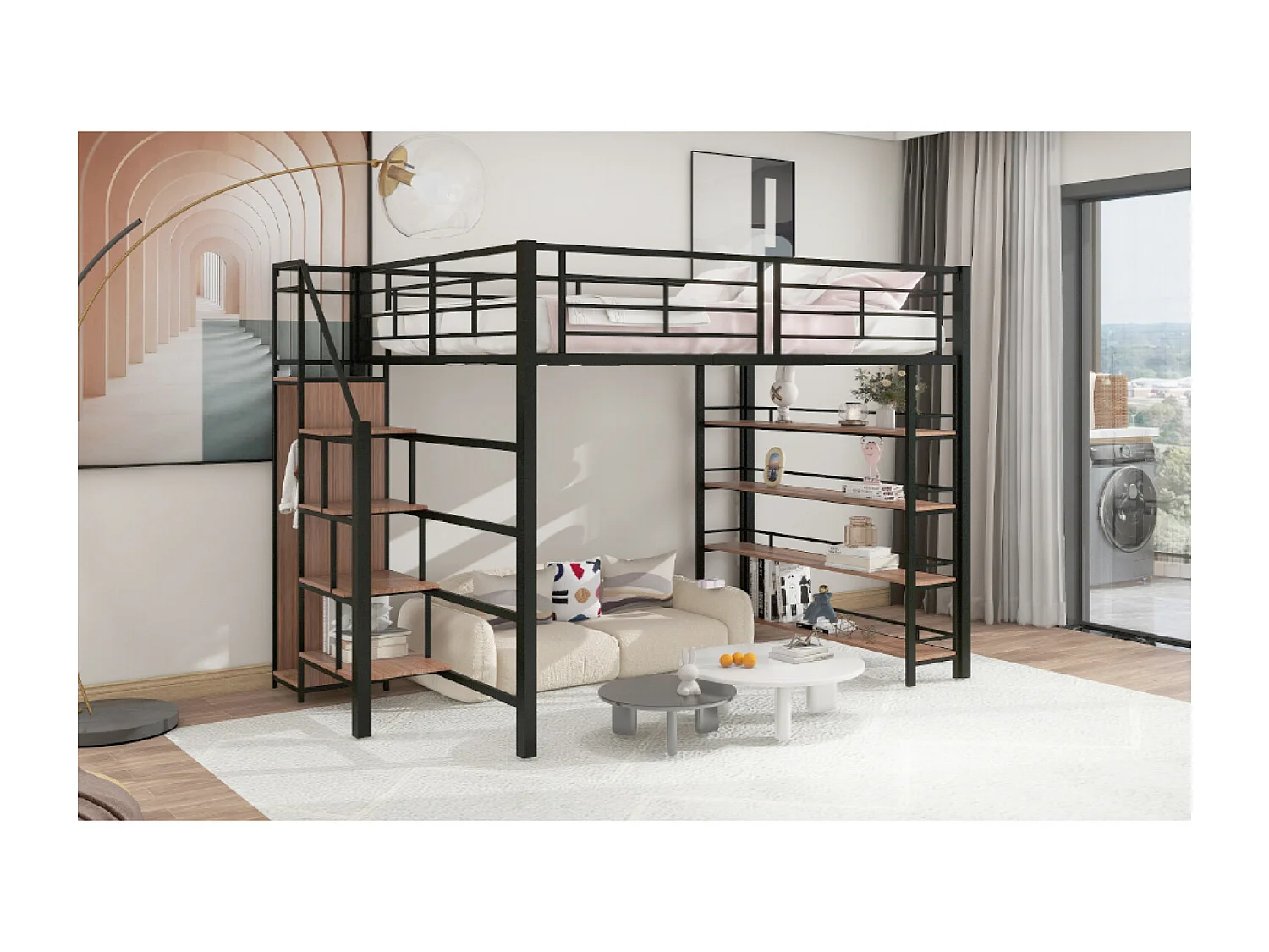 Lit mezzanine 140x200cm avec escalier de rangement, petite armoire et étagères - Métal et bois - Noir