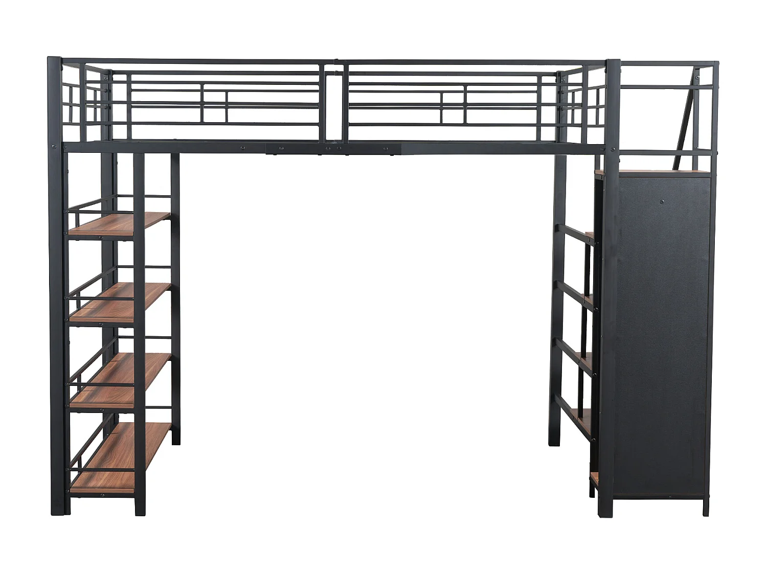 Lit mezzanine 140x200cm avec escalier de rangement, petite armoire et étagères - Métal et bois - Noir