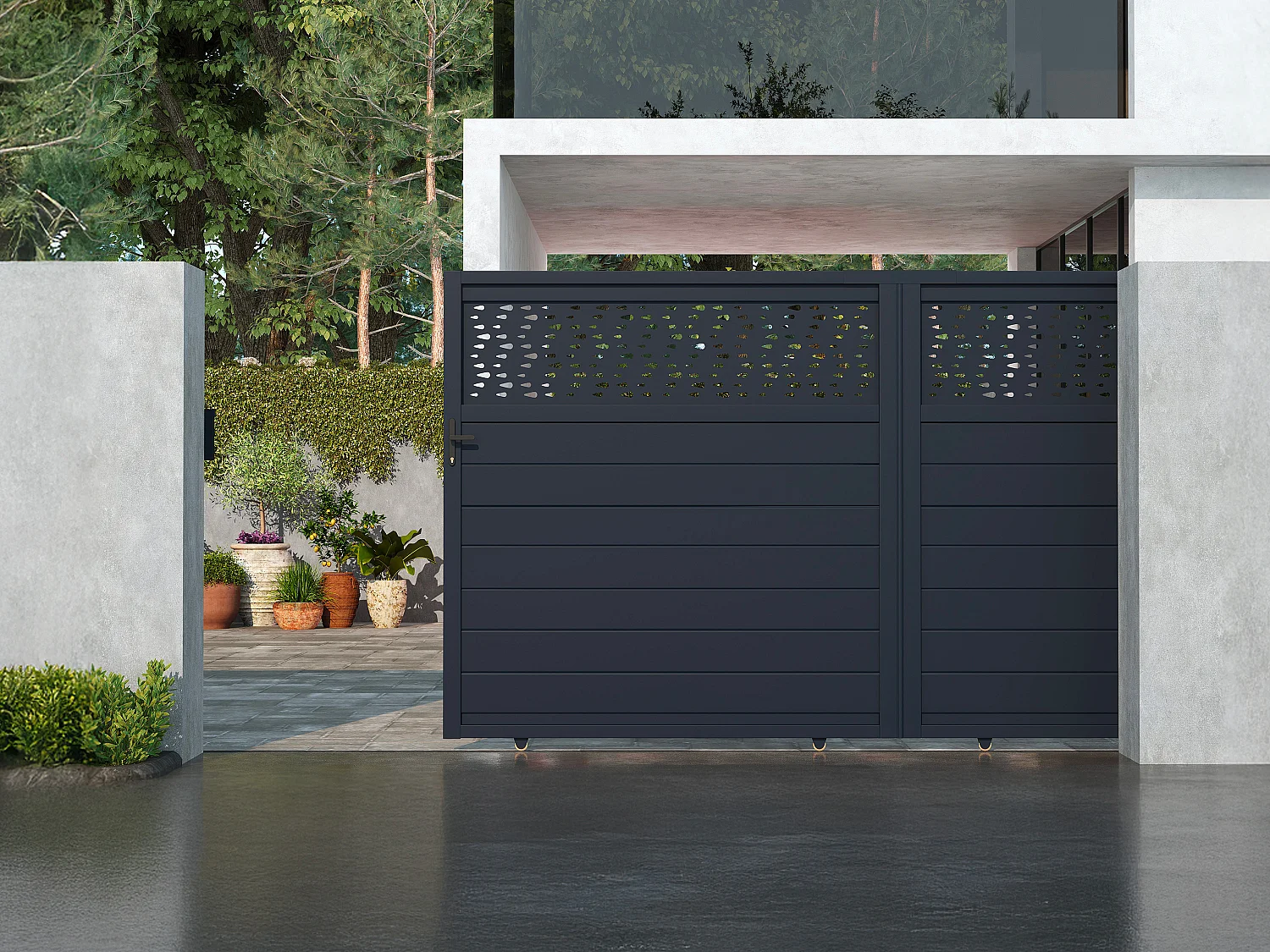 Portail électrique coulissant aluminium semi plein à motifs L374 x H180 cm - anthracite - BAZIO