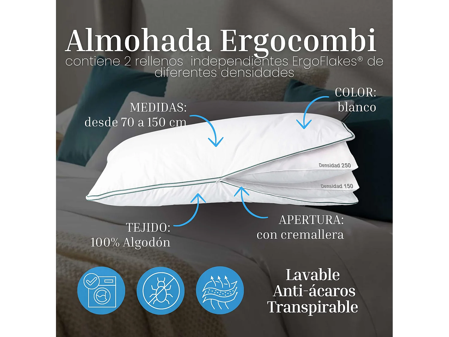 Almohada Ergocombi ErgoFlakes doble relleno firmeza regulable 150 cm Blanco