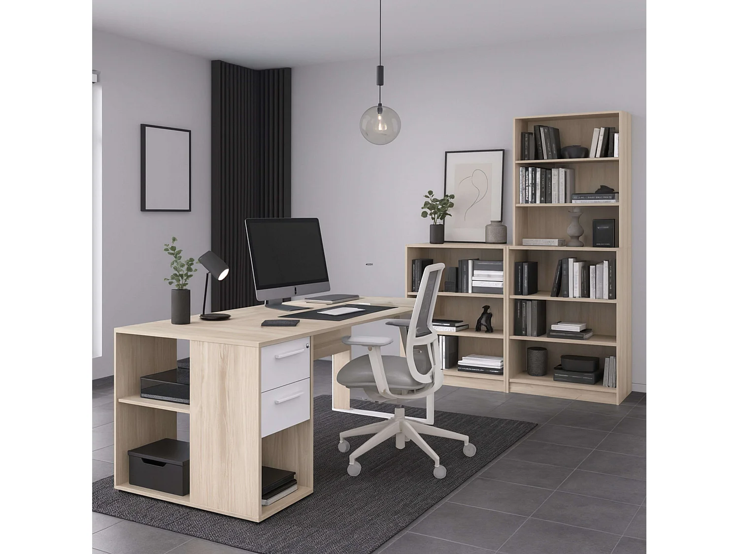 Pack desp. y ofic. Veltis blanco y roble japonés mesa, cajonera y estantes