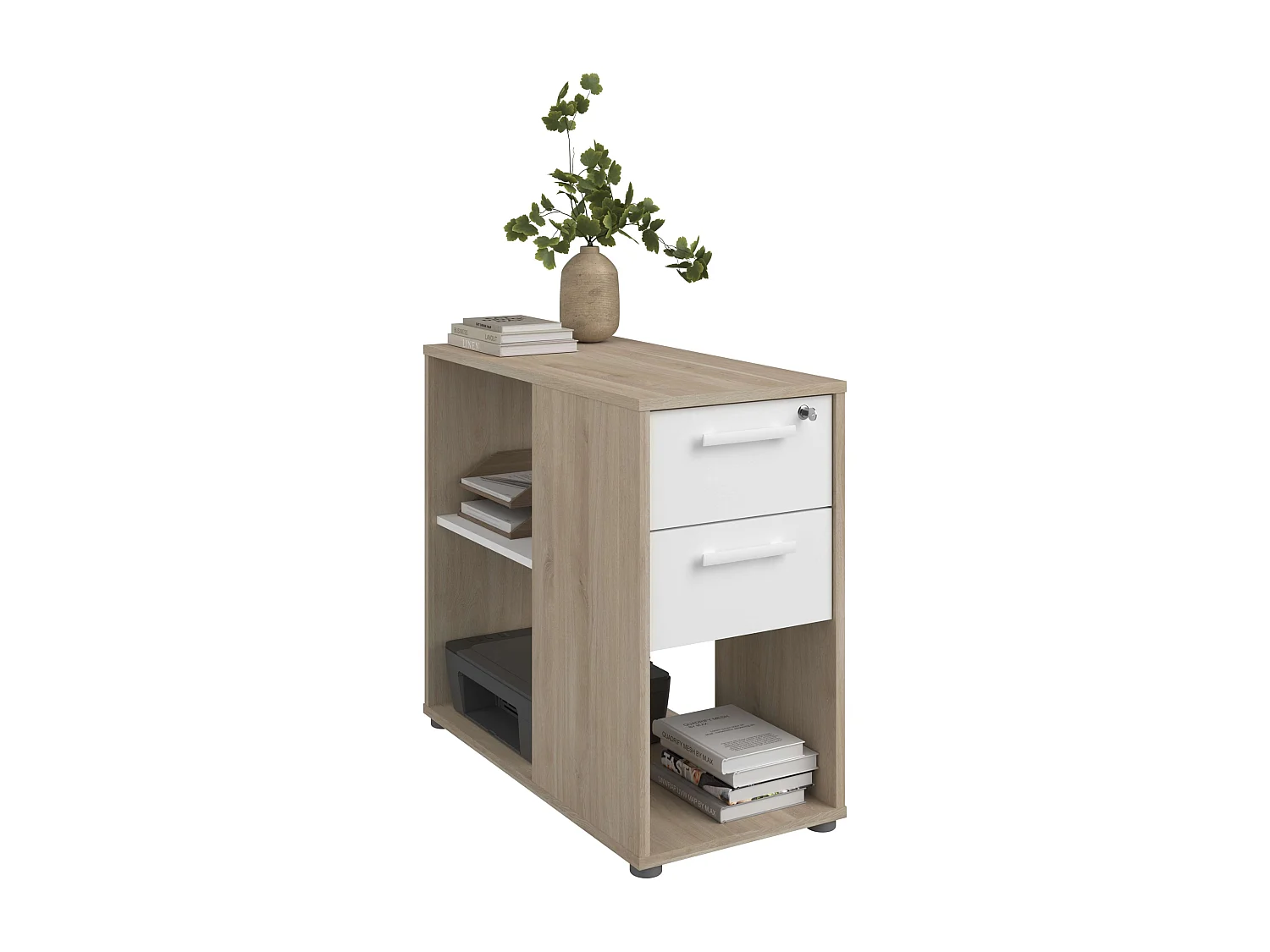 Pack desp. y ofic. Veltis blanco y roble japonés mesa, cajonera y estantes