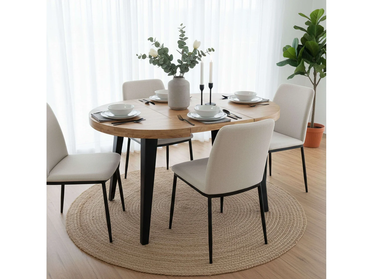Mesa de jantar extensível Berg, preta e madeira clara, 80/120/160 x 80 x 76 cm