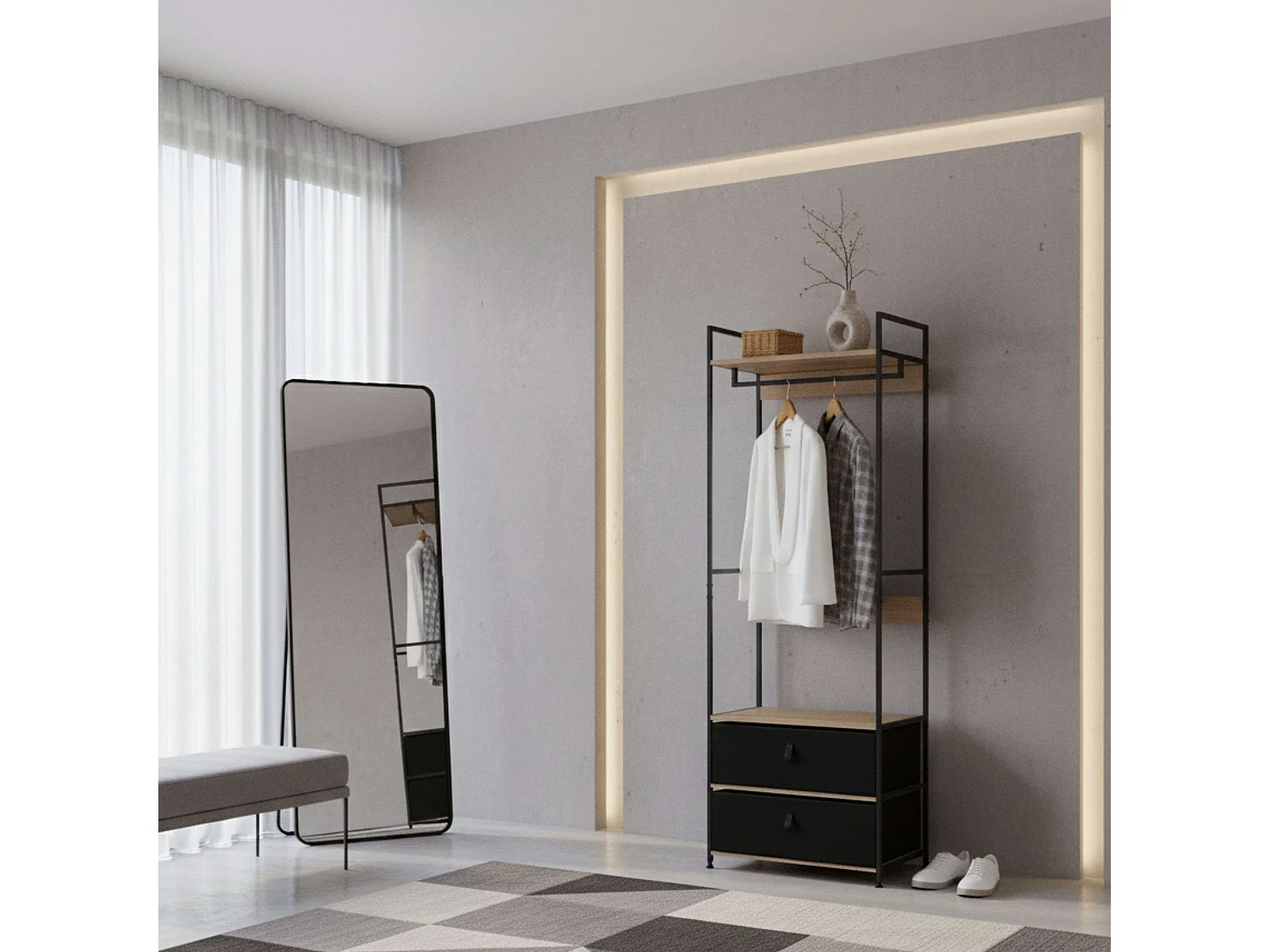 Vestidor abierto 2 cajones roble cambrian/negro 60x175 cm dormitorio