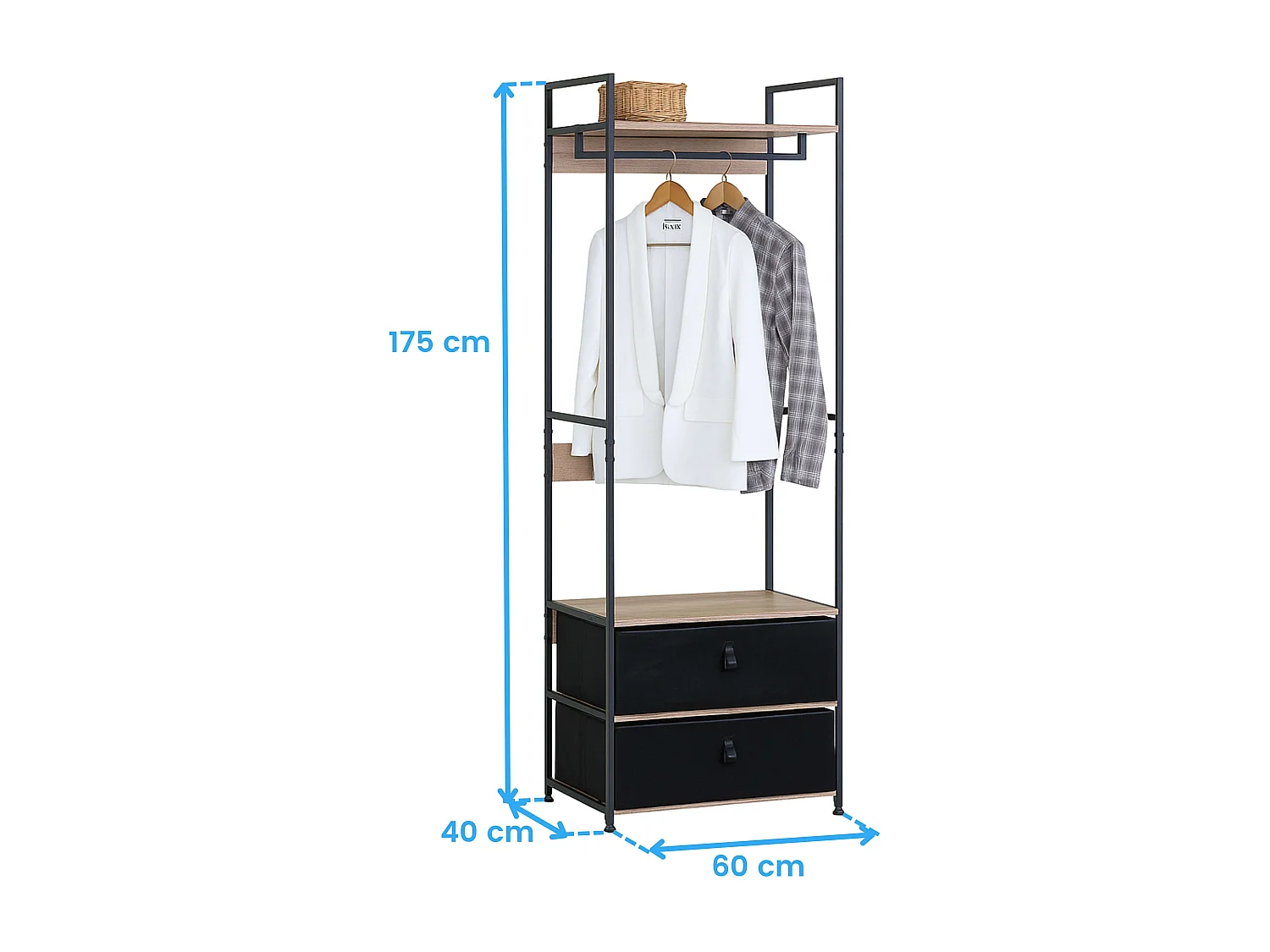 Vestidor abierto 2 cajones roble cambrian/negro 60x175 cm dormitorio