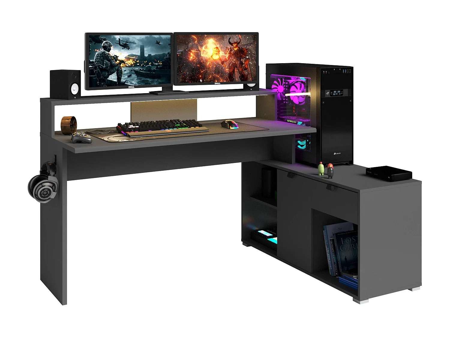 Mesa gamer modular Playit em melamina com LED, dimensões de 94,8x134 a 167,7x60 cm