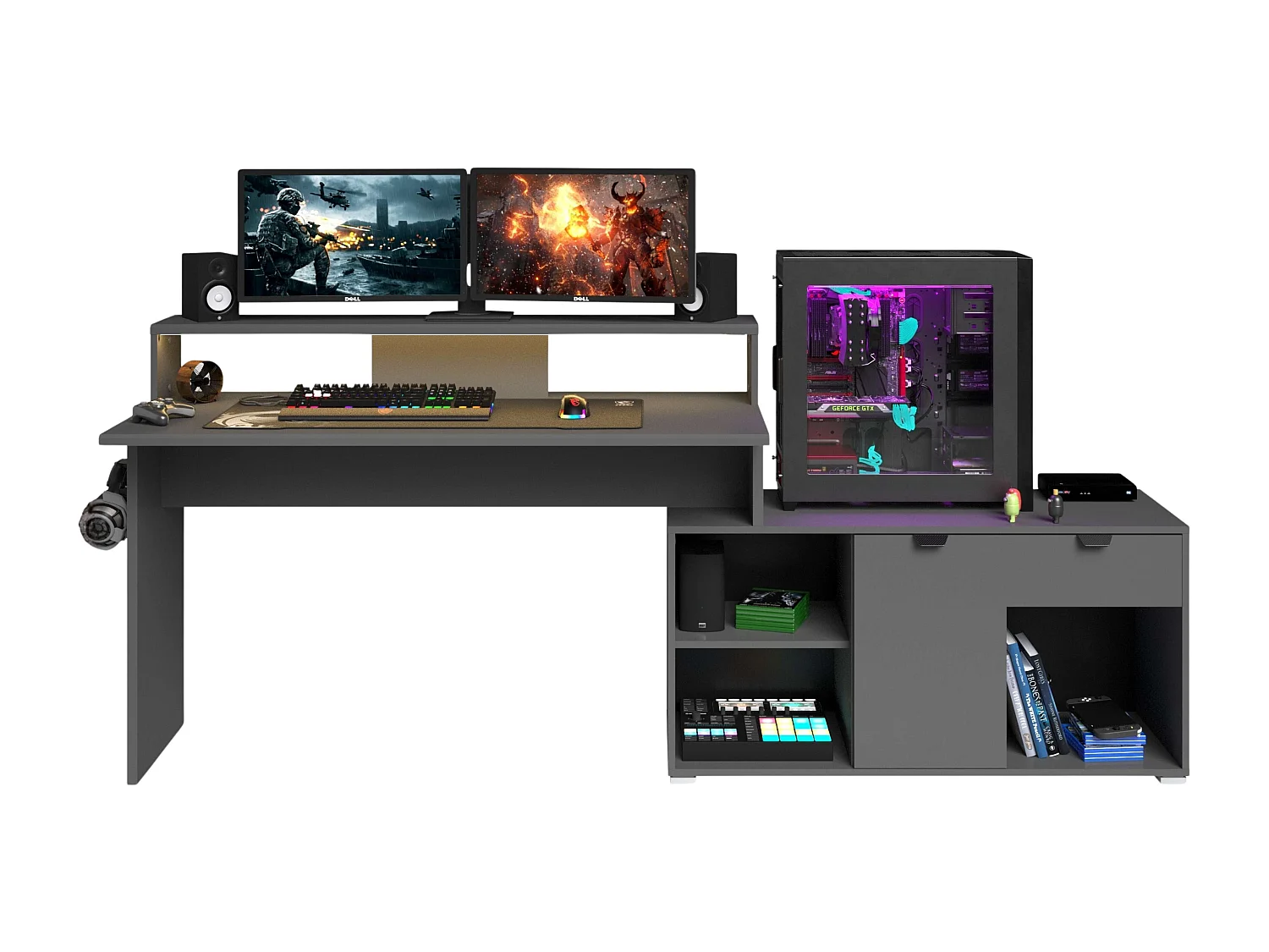 Mesa gamer modular Playit em melamina com LED, dimensões de 94,8x134 a 167,7x60 cm