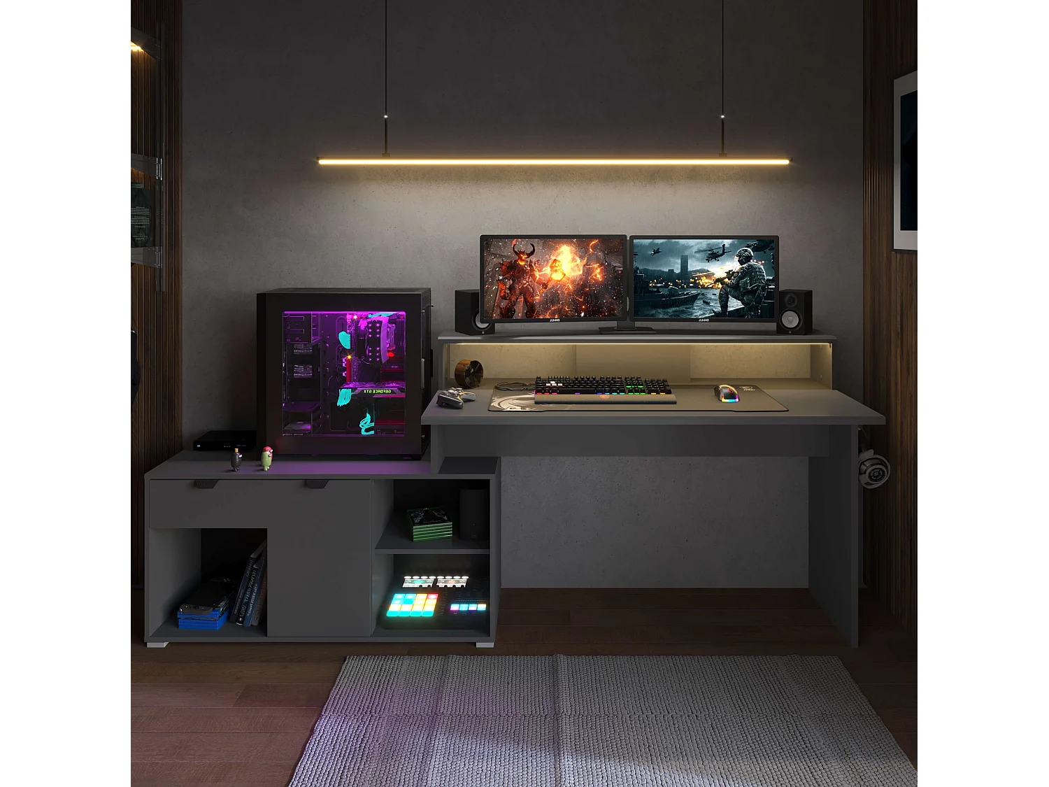 Mesa gamer modular Playit em melamina com LED, dimensões de 94,8x134 a 167,7x60 cm