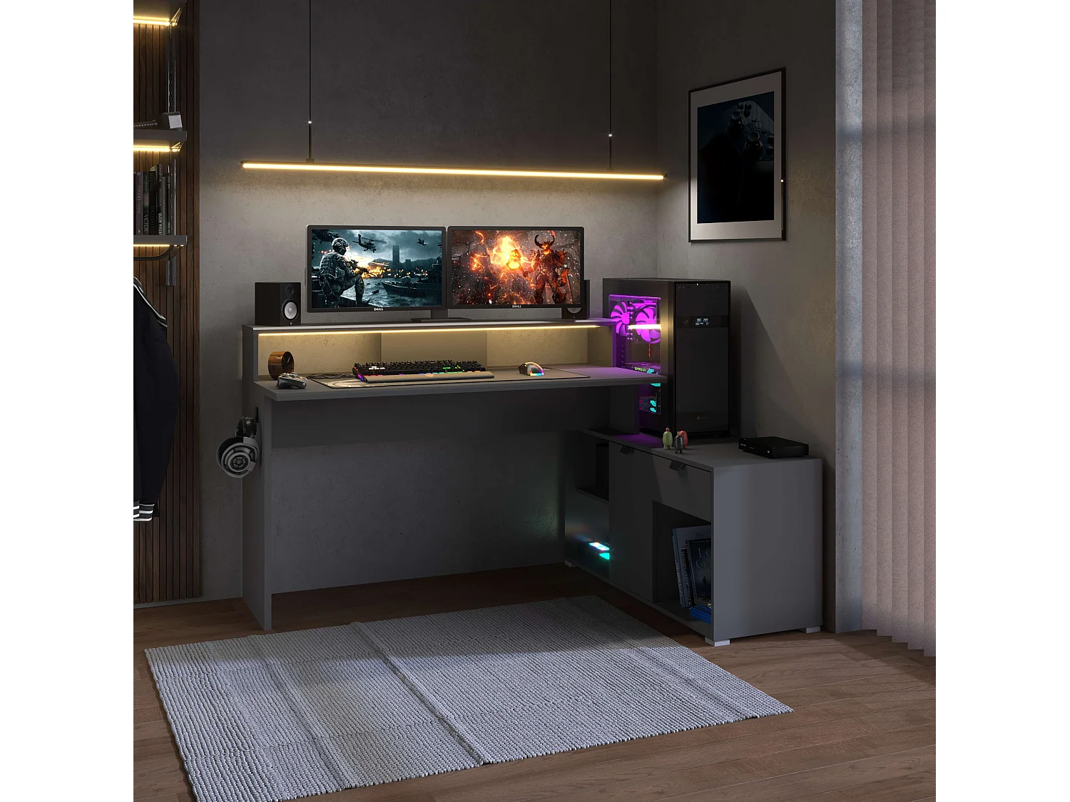Mesa gamer modular Playit em melamina com LED, dimensões de 94,8x134 a 167,7x60 cm
