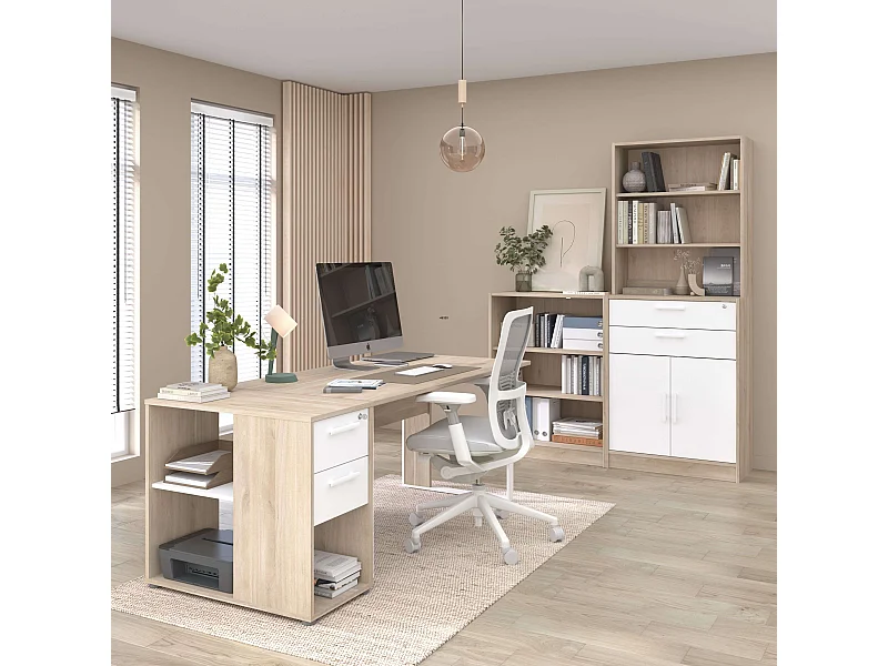 Pack oficina Veltis blanco y roble japonés escritorio+caj.+est. baja y alta