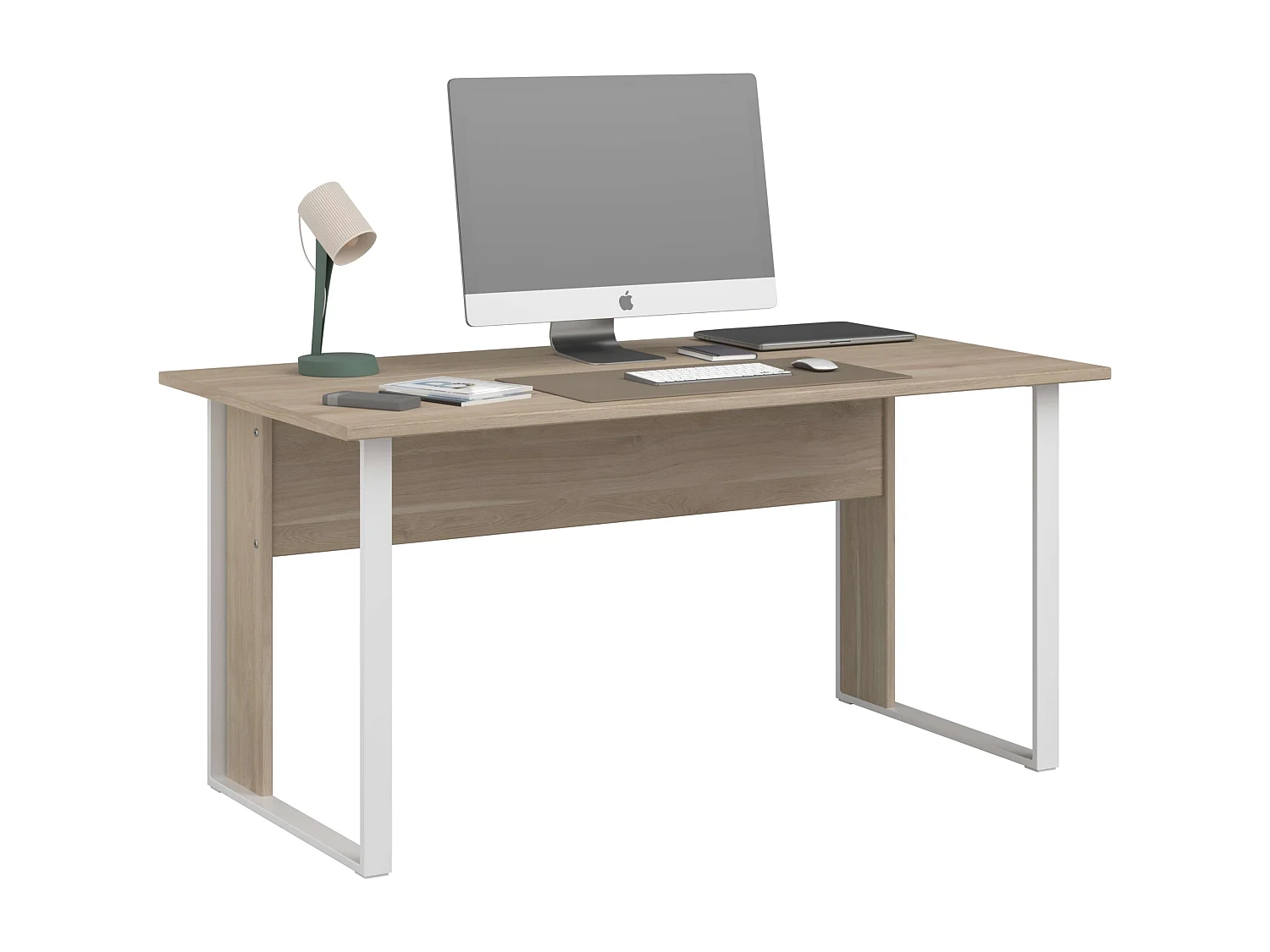 Mesa Veltis, em melamina, cor madeira clara, pés de metal, 73x150x80 cm