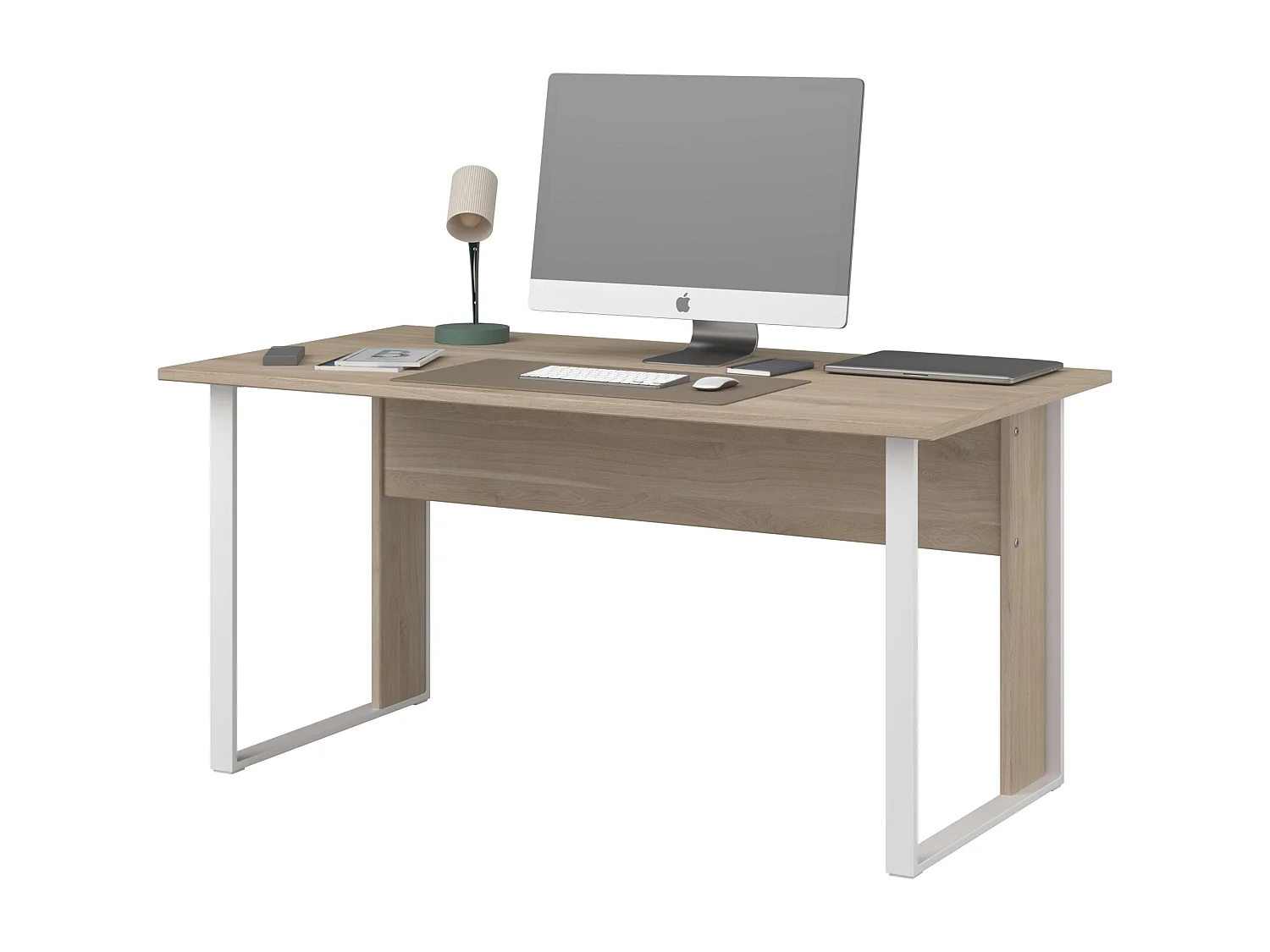 Mesa Veltis, em melamina, cor madeira clara, pés de metal, 73x150x80 cm