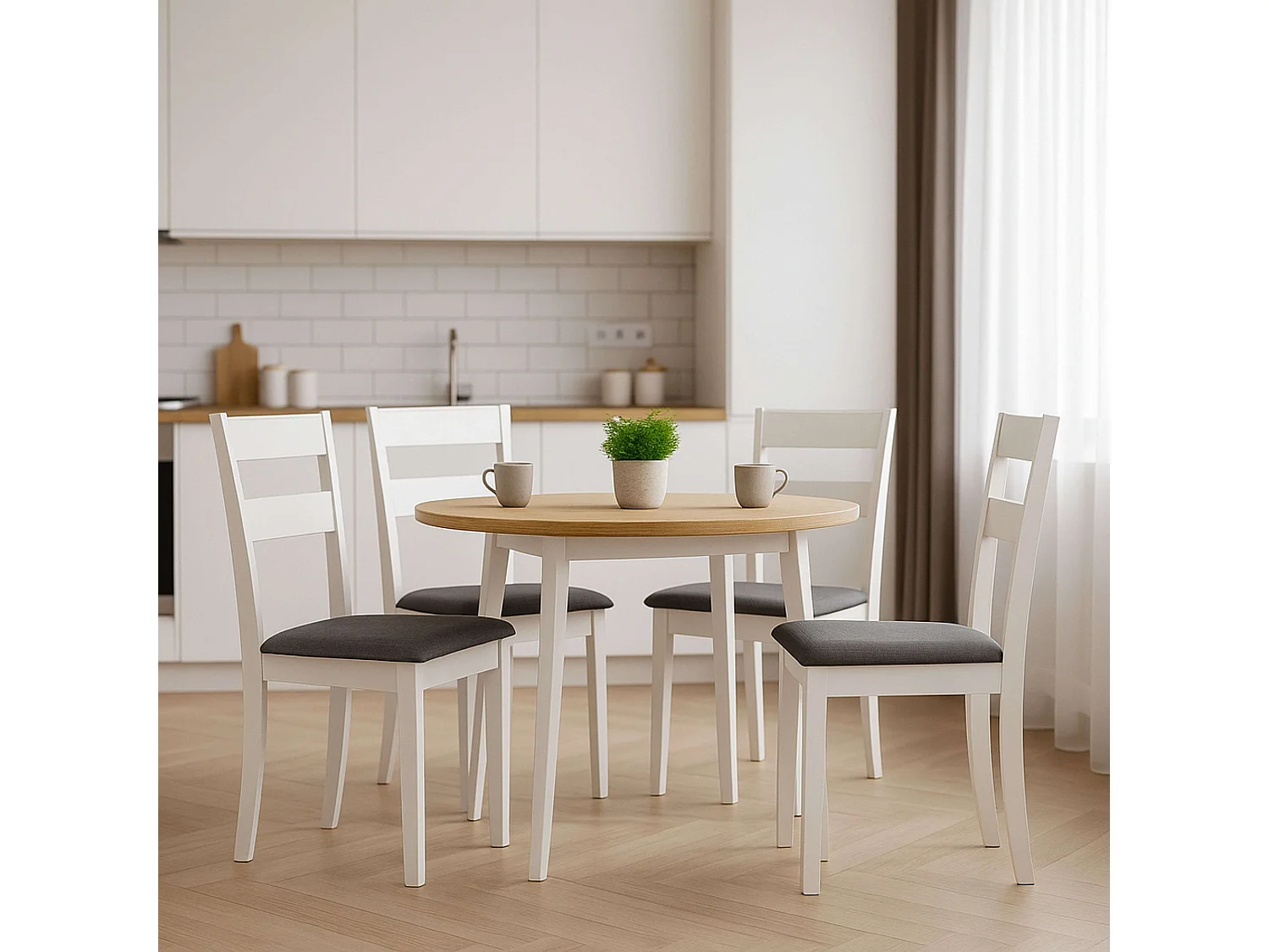 Pack de muebles de cocina Lita blanco y gris (4 sillas melamina tapizadas)