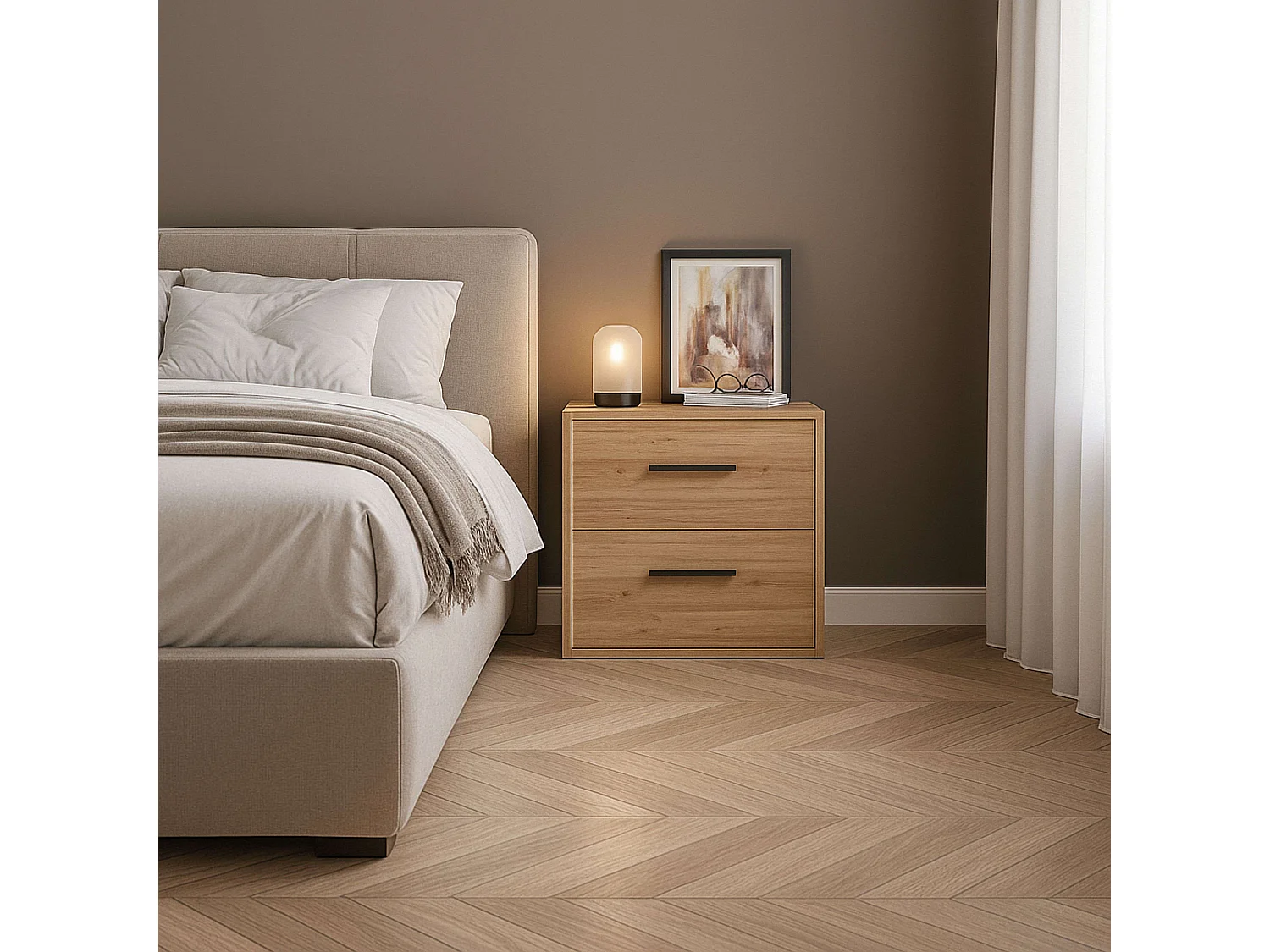 Mesita de noche Rosi 2 cajones melamina color roble artisan 42x40x28 cm