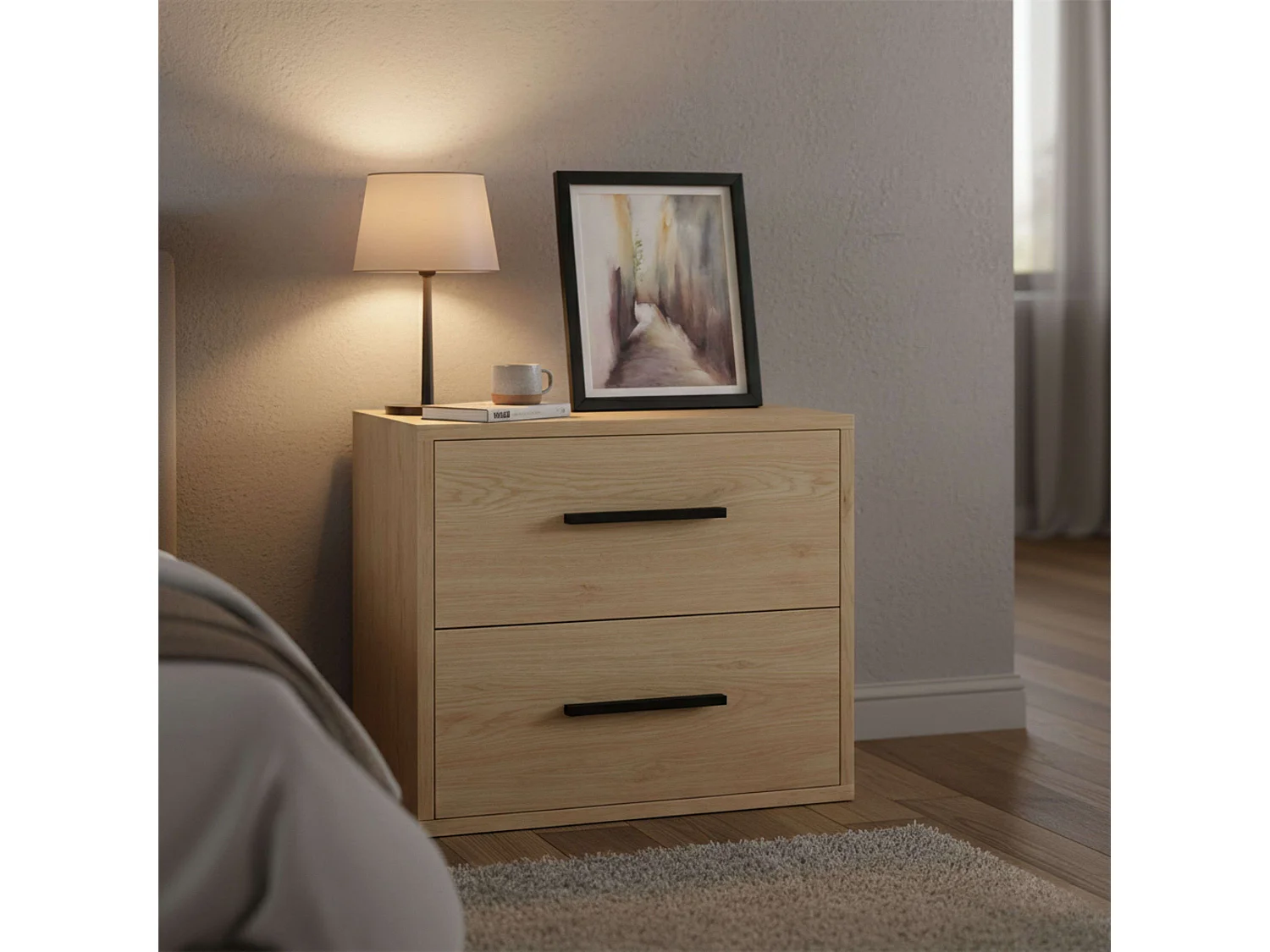 Mesita de noche Rosi 2 cajones melamina color roble artisan 42x40x28 cm