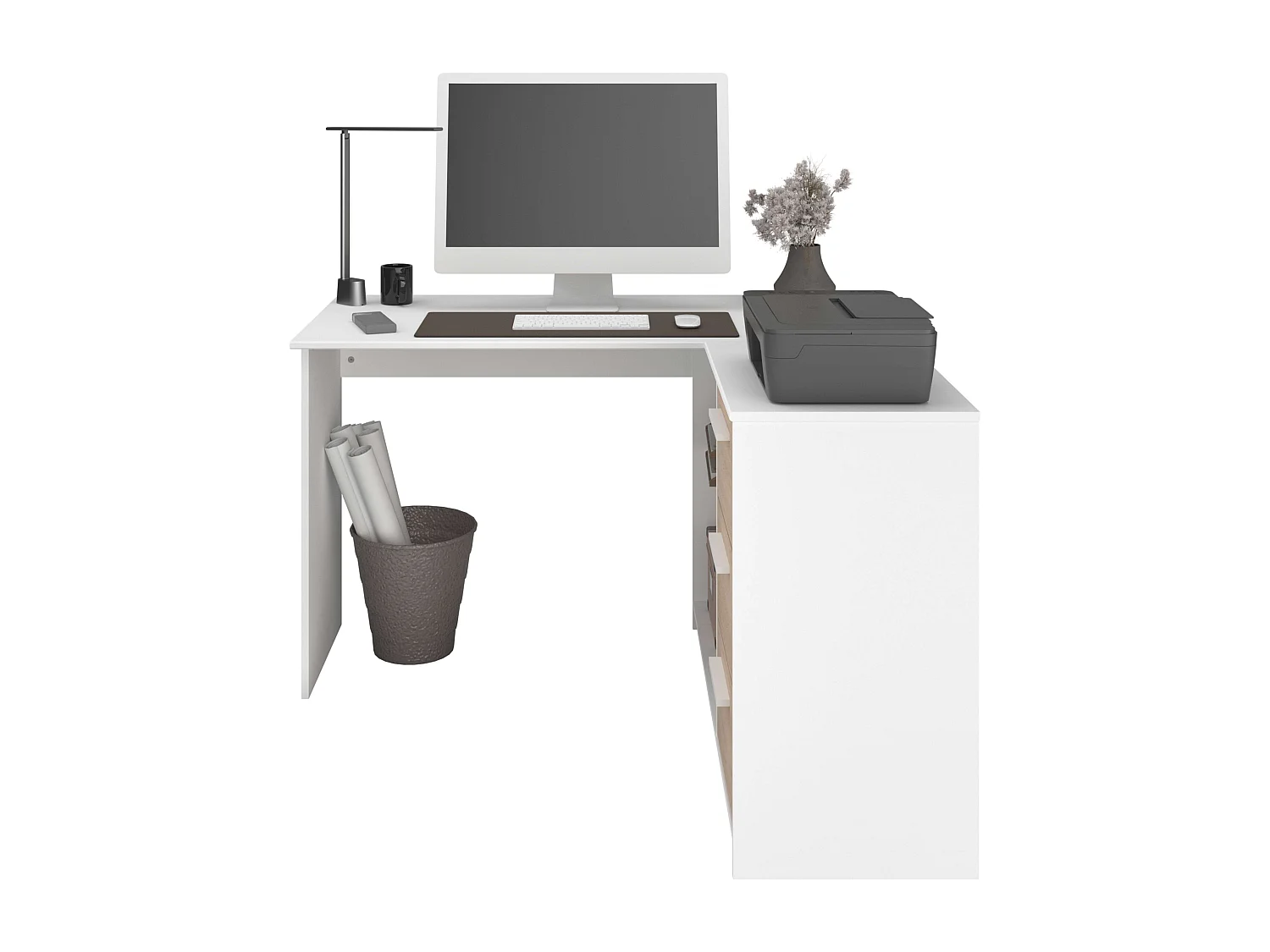 Escritorio esquina Finit 3 cajones blanco y roble Jackson 74,5x121,2x111 cm