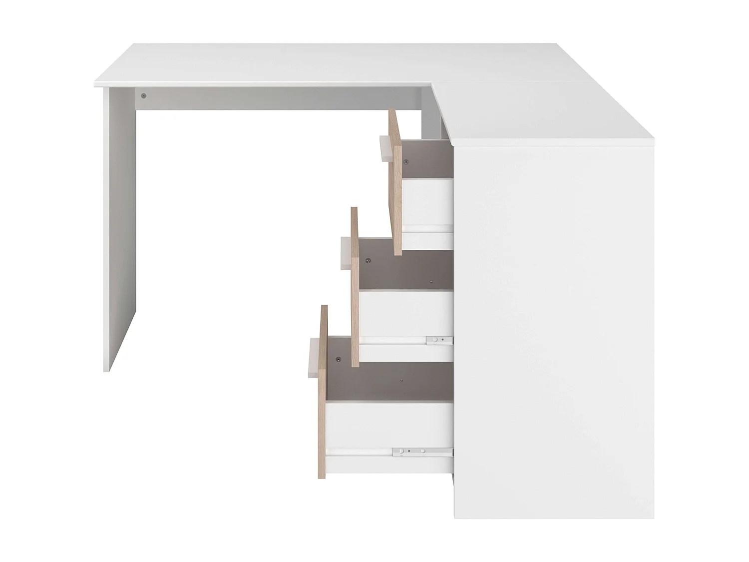 Escritorio esquina Finit 3 cajones blanco y roble Jackson 74,5x121,2x111 cm