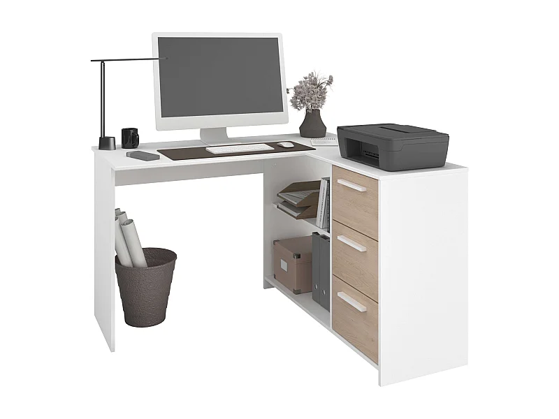 Escritorio esquina Finit 3 cajones blanco y roble Jackson 74,5x121,2x111 cm