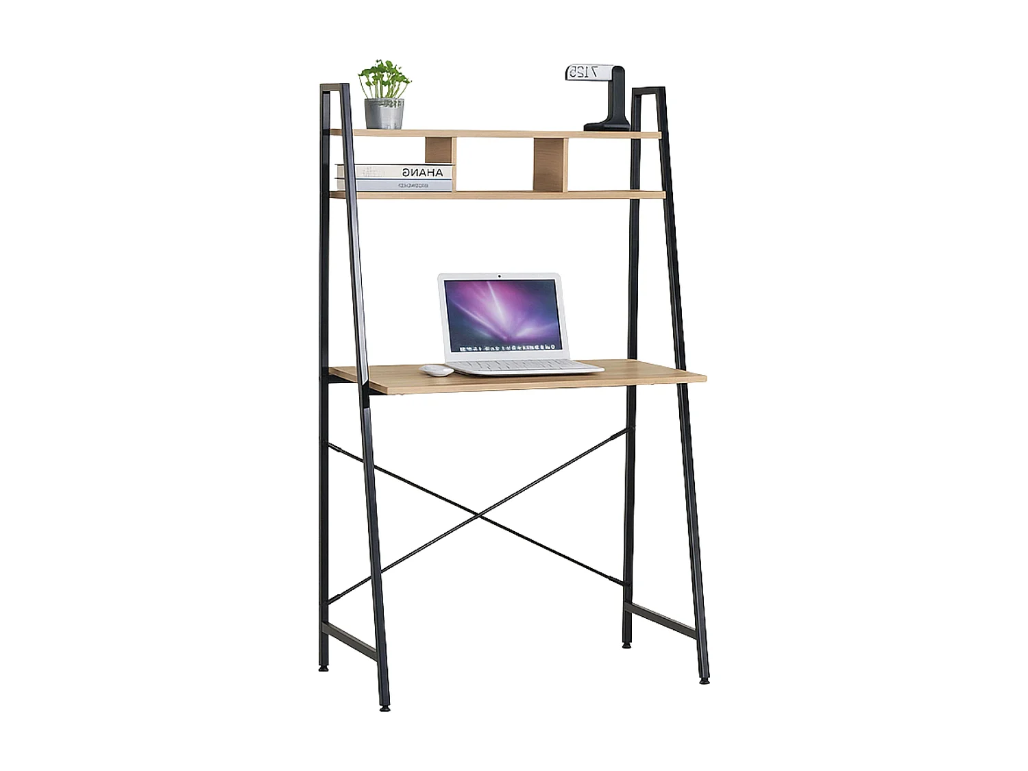 Escritorio ordenador con estante 3 huecos roble cambrian y negro 86x142x46 cm