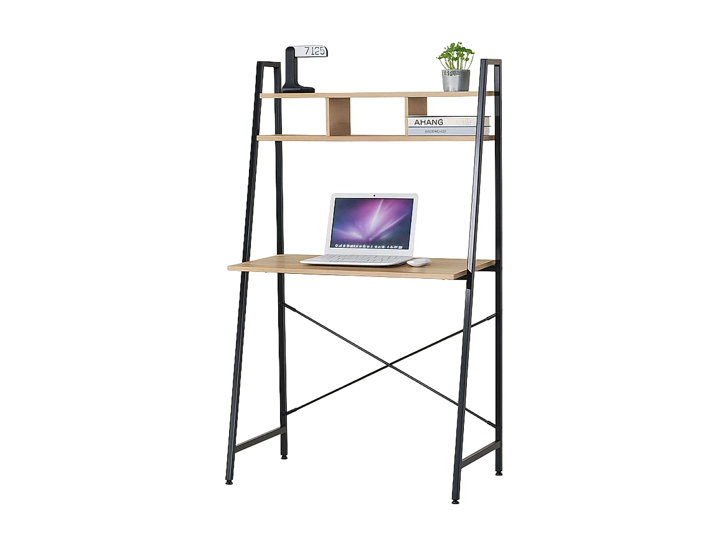 Escritorio ordenador con estante 3 huecos roble cambrian y negro 86x142x46 cm