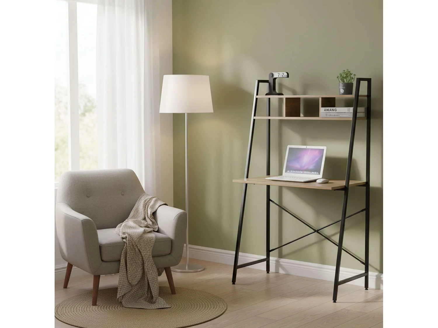 Escritorio ordenador con estante 3 huecos roble cambrian y negro 86x142x46 cm