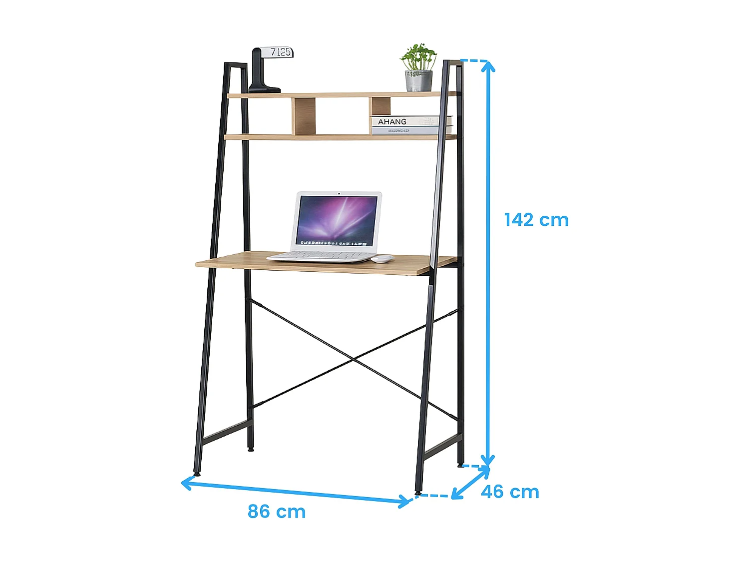 Escritorio ordenador con estante 3 huecos roble cambrian y negro 86x142x46 cm