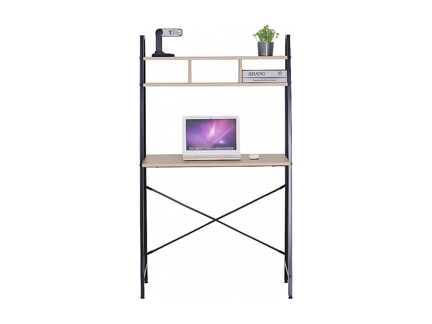 Mesa de computador com prateleira de 3 andares, carvalho cambriano e preto, 86x142x46 cm