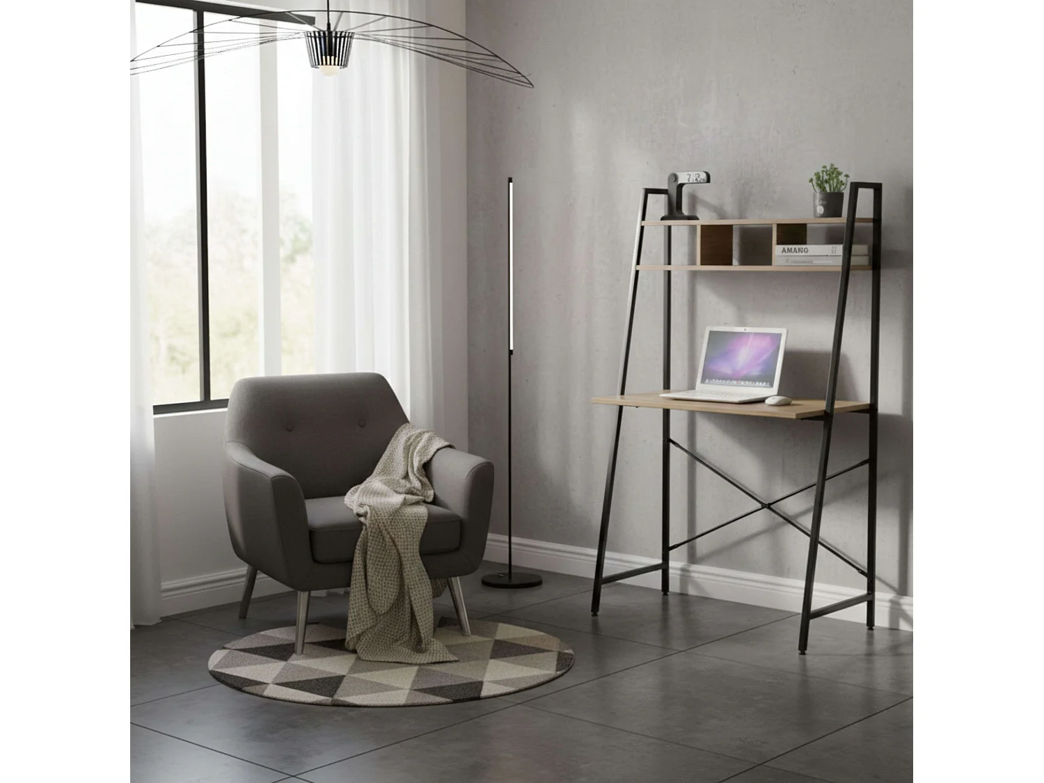 Mesa de computador com prateleira de 3 andares, carvalho cambriano e preto, 86x142x46 cm