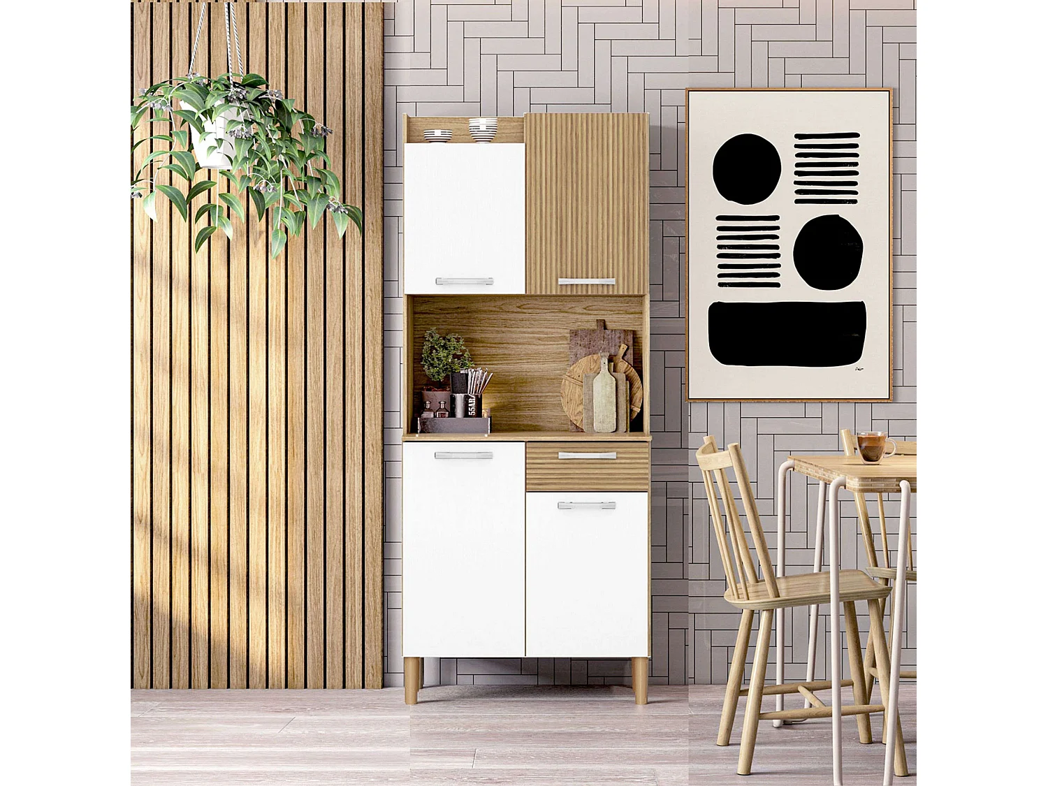 Aparador Gabi 4 puertas 1 cajón melamina blanco y madera claro 175x74x36 cm