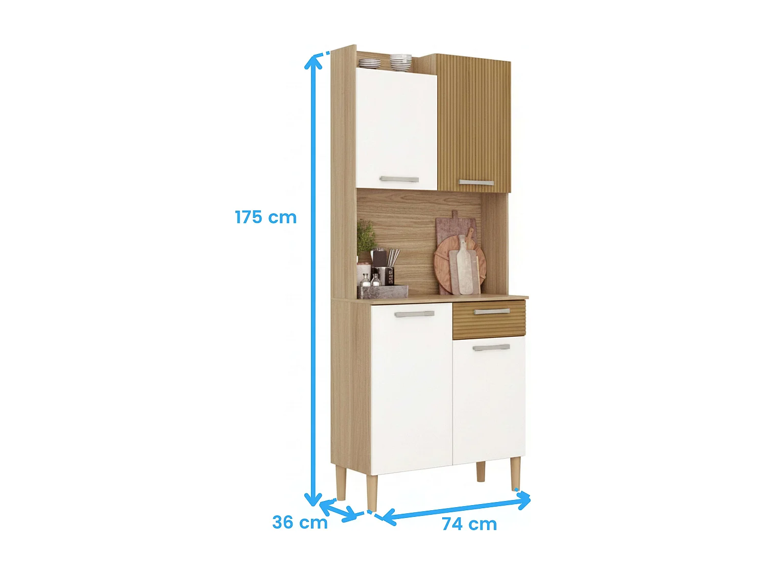 Aparador Gabi 4 puertas 1 cajón melamina blanco y madera claro 175x74x36 cm