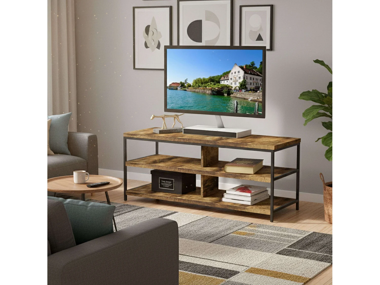 Mesa TV Salón 2 Estantes Madera Claro/Negro 110x45x40 cm