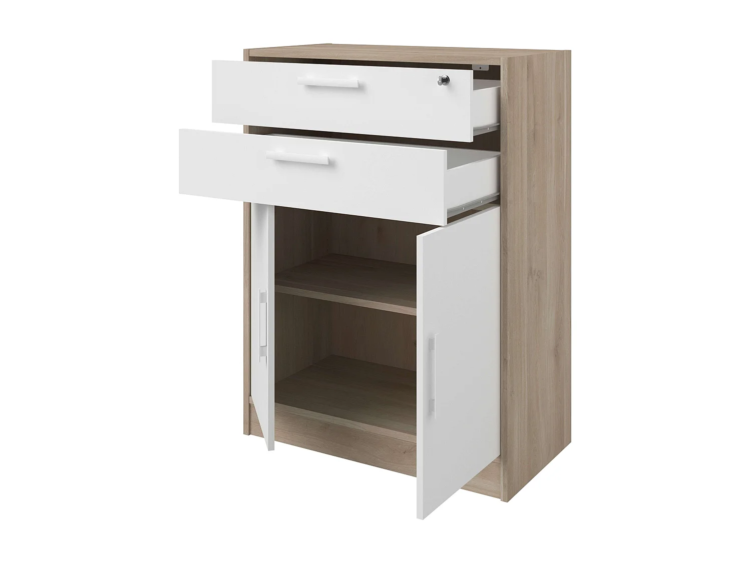 Armario bajo Veltis 2 cajones 2 puertas abatibles blanco y madera claro